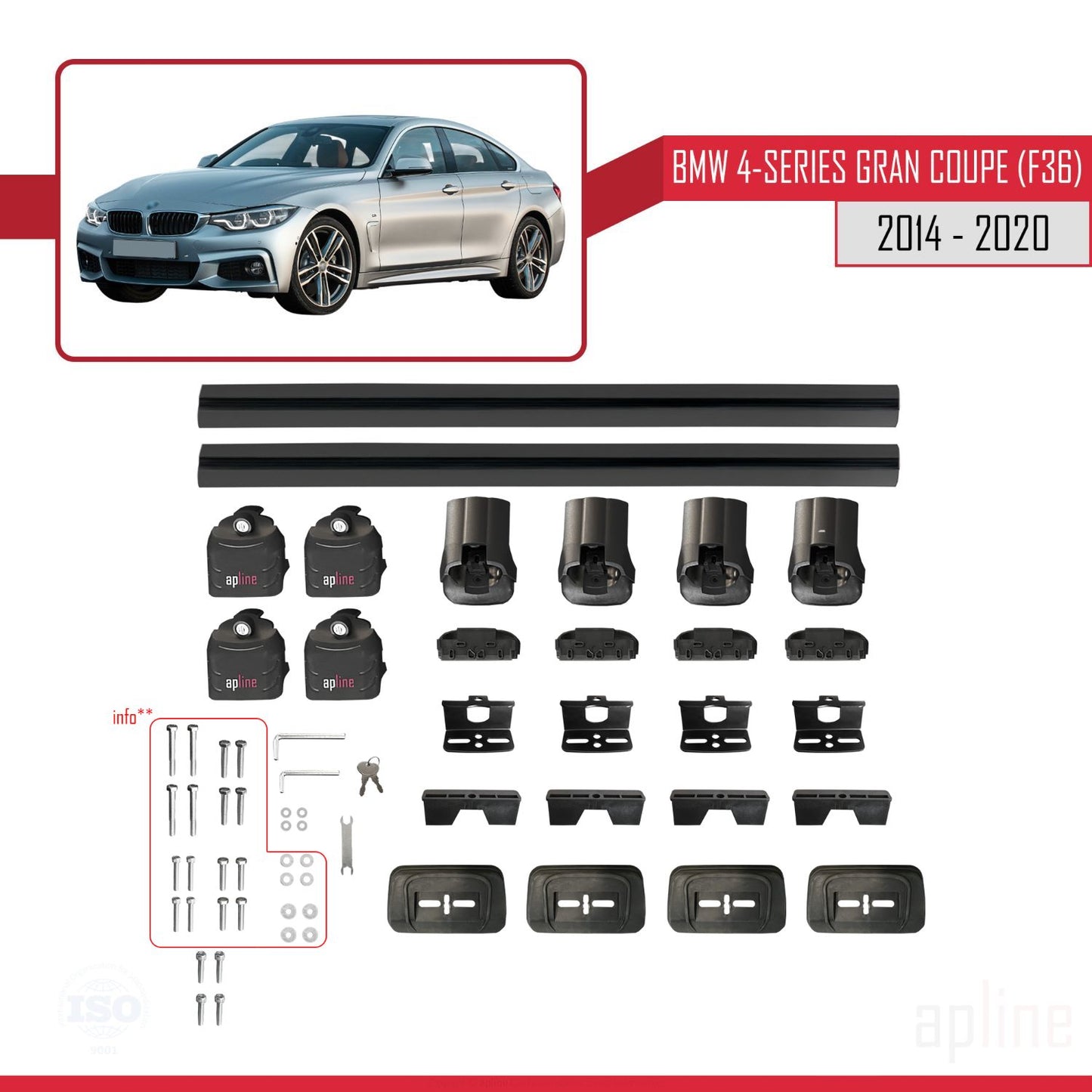 Kompatibel mit BMW 4er Gran Coupé (F36) 2014-2020 ACE-3 Dachträger Auto-Dachgepäckträger Reling Schwarzes Aluminium 2 Stangen