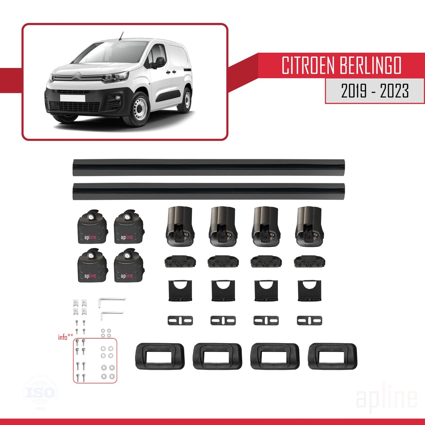 Kompatibel mit Citroen Berlingo 2019-2023 ACE-3 Dachgepäckträger, Reling, Gepäckträger, schwarzes Aluminium, 2 Stangen