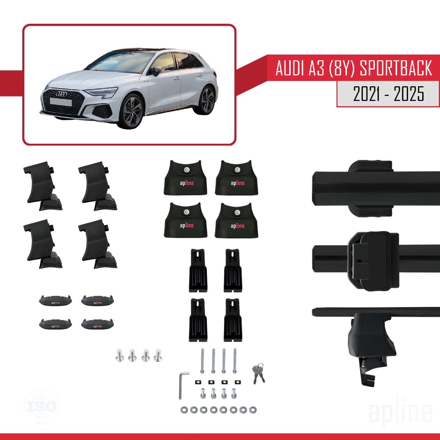 Compatible avec A3 (8Y) Sportback 2020-2025 ACE-4 Barres de Toit Railing Porte-Bagages de Voiture Noir Aluminium 2 Barres