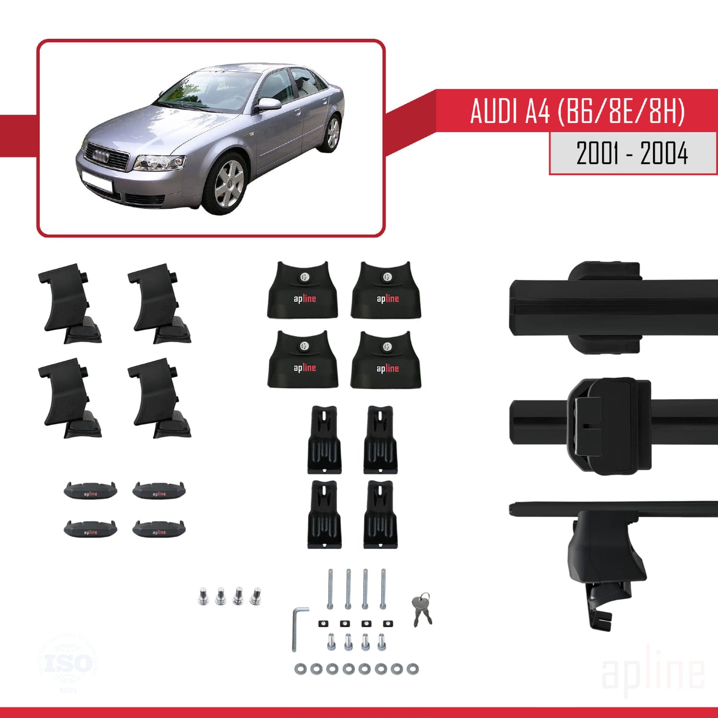 Kompatibel mit A4 (B6) 2001-2004 ACE-4 Dachgepäckträger, schwarzes Aluminium, 2 Stangen