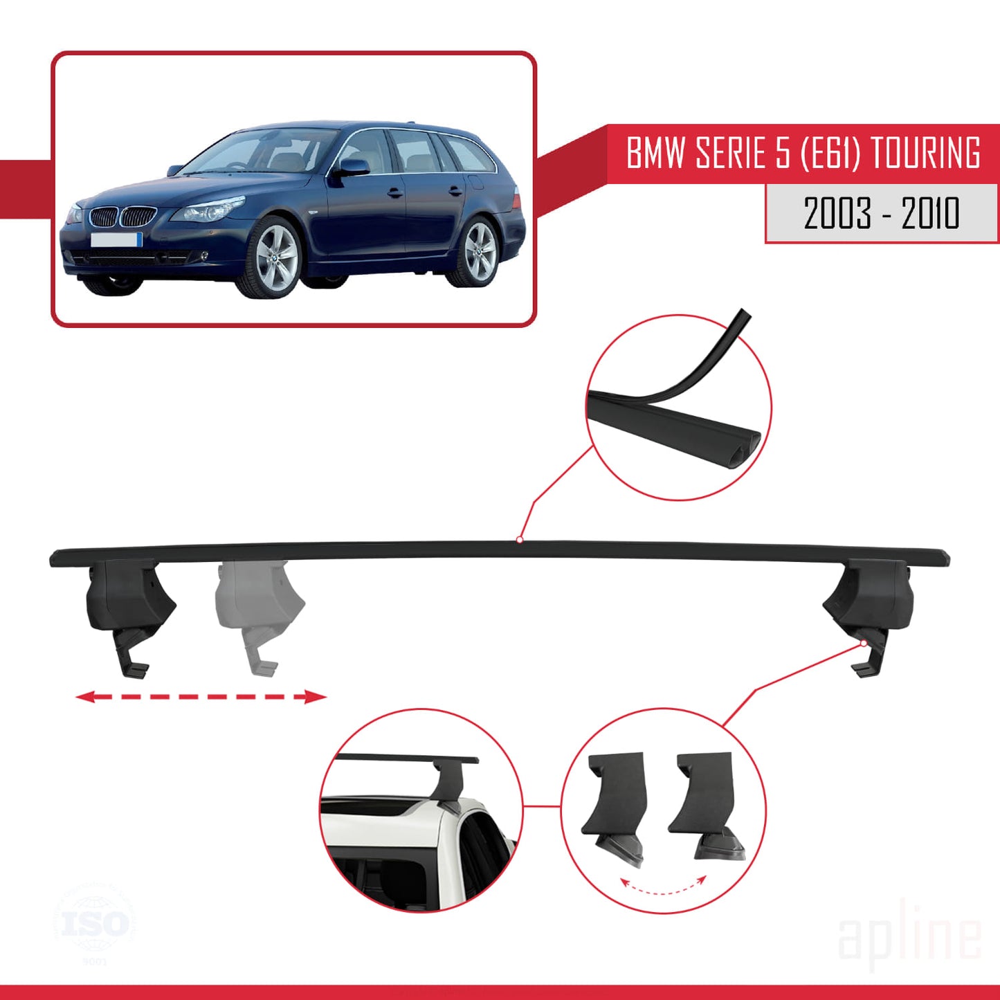 Kompatibel mit BMW 5er (E61) Touring 2004-2010 ACE-4 Dachgepäckträger, schwarzes Aluminium, 2 Querträger