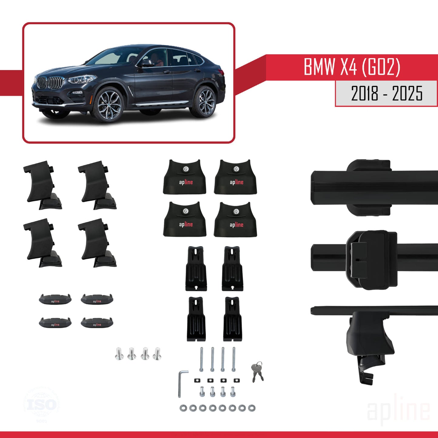 Kompatibel mit BMW X4 (G02) 2018-2025 ACE-4 Dachgepäckträger, Reling, Gepäckträger, schwarzes Aluminium, 2 Stangen