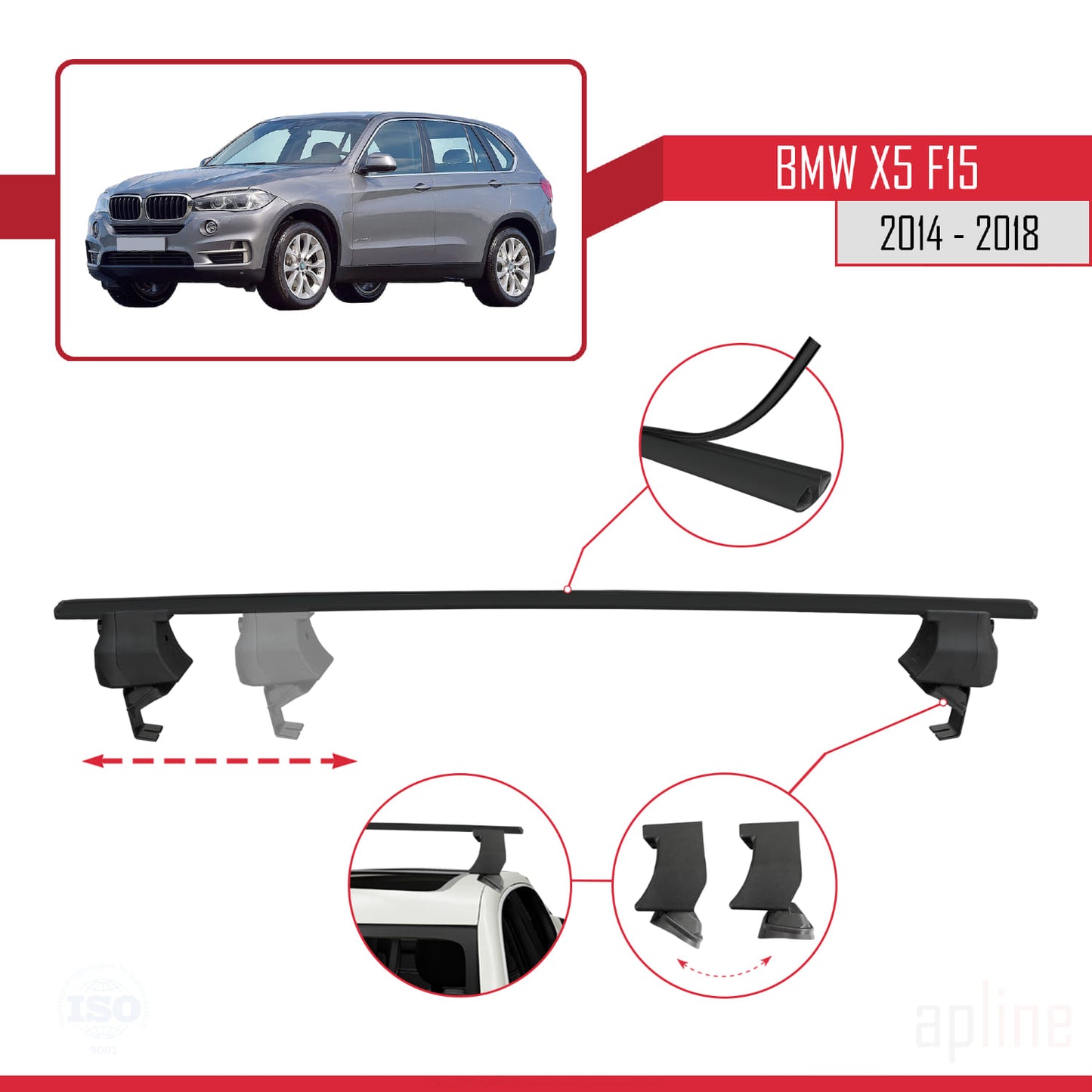 Kompatibel mit BMW X5 (F15) 2014-2018 ACE-4 Dachträger, Auto-Dachgepäckträger, schwarzes Aluminium, 2 Stangen