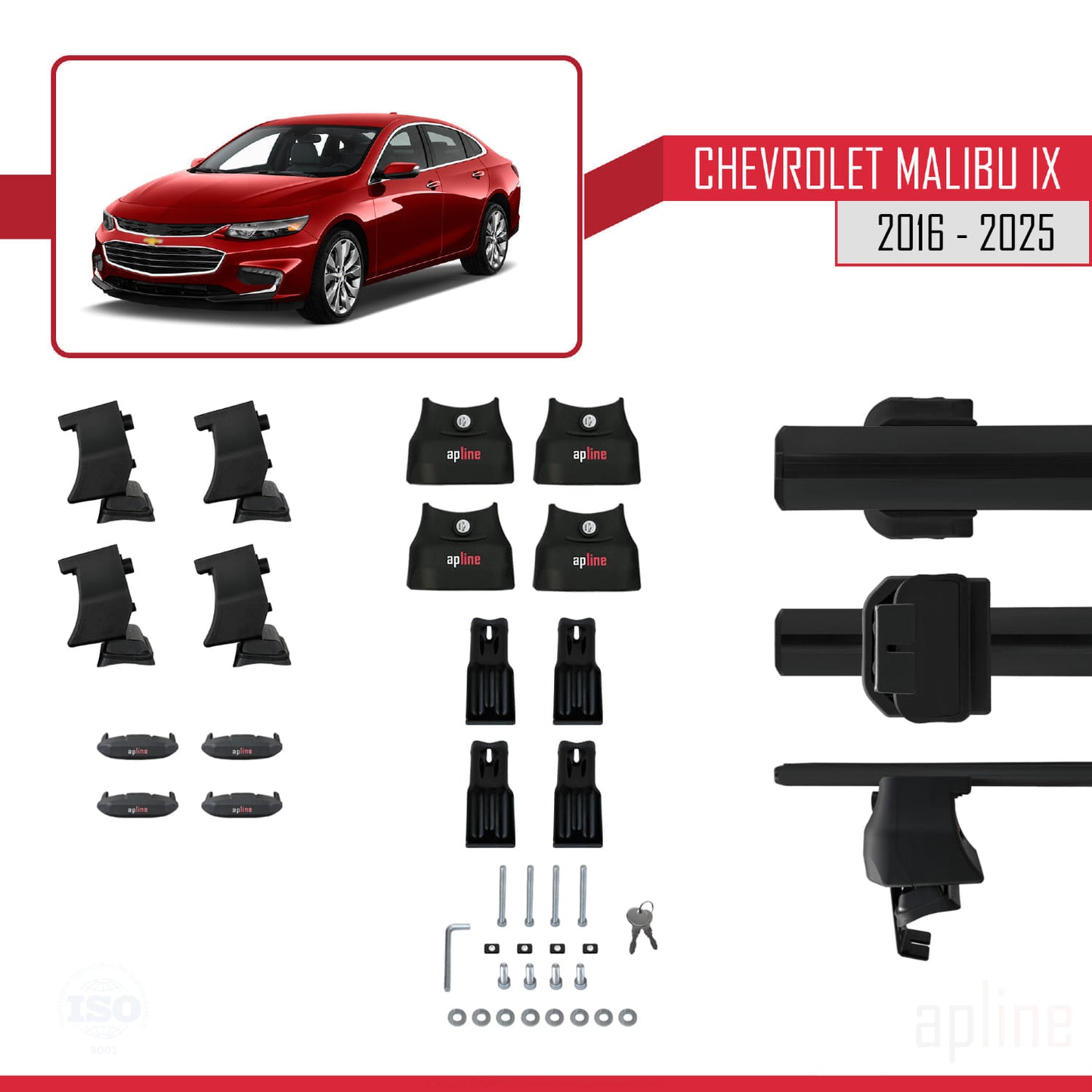 Kompatibel mit Chevrolet Malibu IX 2016-2025 ACE-4 Dachgepäckträger, Reling, Gepäckträger, schwarzes Aluminium, 2 Stangen