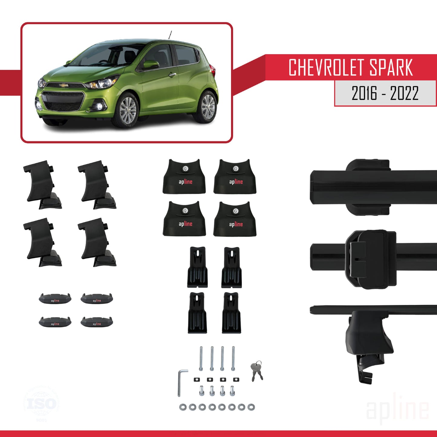 Kompatibel mit Chevrolet Spark (M400) 2016-2022 ACE-4 Dachgepäckträger, Gepäckträger, schwarzes Aluminium, 2 Stangen