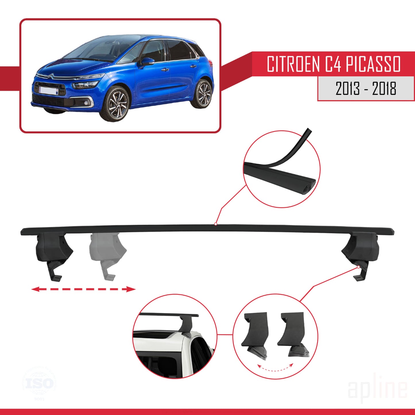 Kompatibel mit Citroen C4 Picasso 2 2013-2018 ACE-4 Dachgepäckträger, Reling, Gepäckträger, schwarzes Aluminium, 2 Stangen