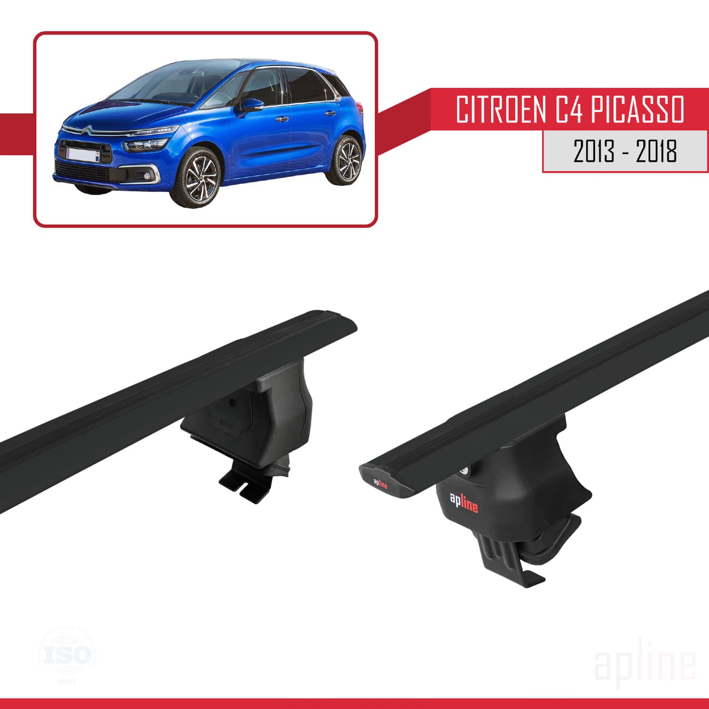 Kompatibel mit Citroen C4 Picasso 2 2013-2018 ACE-4 Dachgepäckträger, Reling, Gepäckträger, schwarzes Aluminium, 2 Stangen