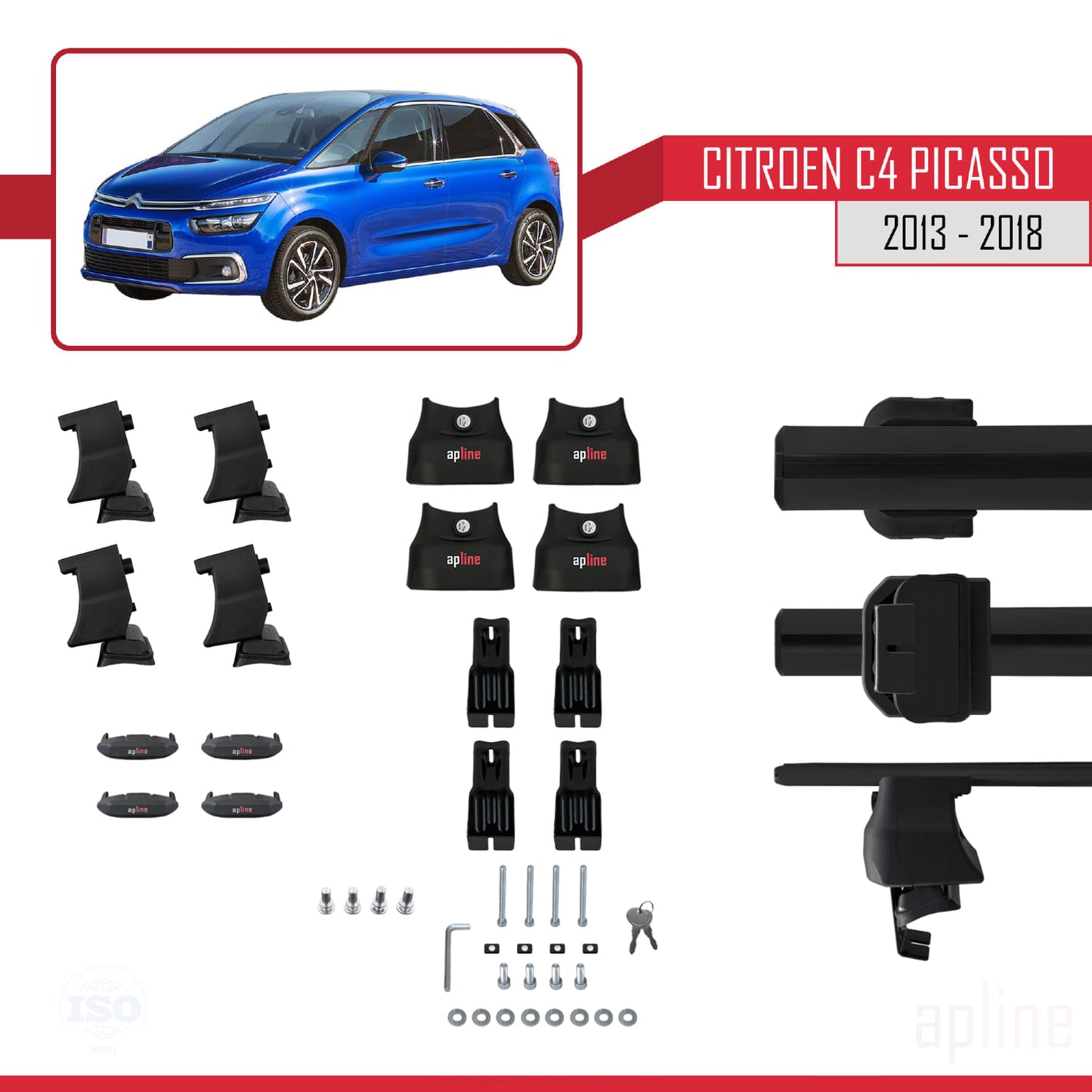 Kompatibel mit Citroen C4 Picasso 2 2013-2018 ACE-4 Dachgepäckträger, Reling, Gepäckträger, schwarzes Aluminium, 2 Stangen