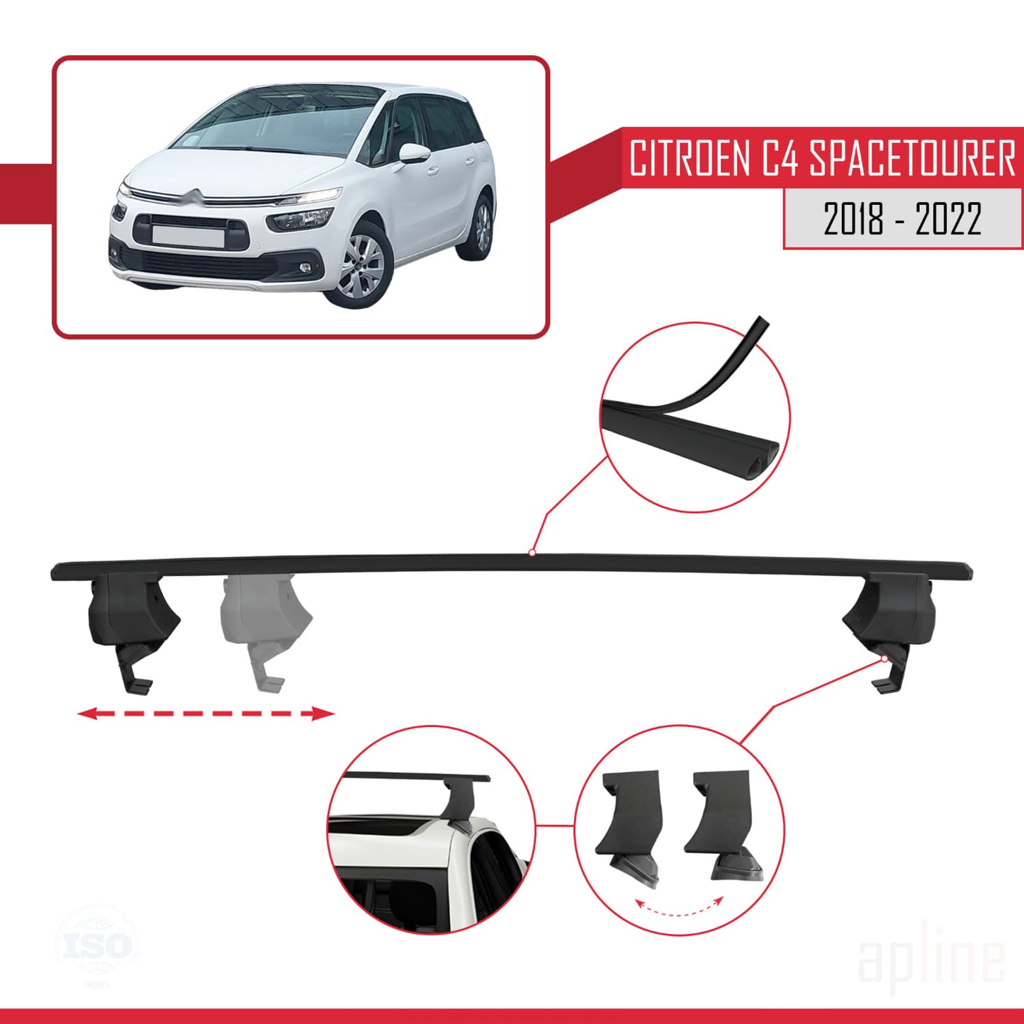 Kompatibel mit Citroen C4 Spacetourer 2018-2022 ACE-4 Dachgepäckträger, Reling, Gepäckträger, schwarzes Aluminium, 2 Stangen