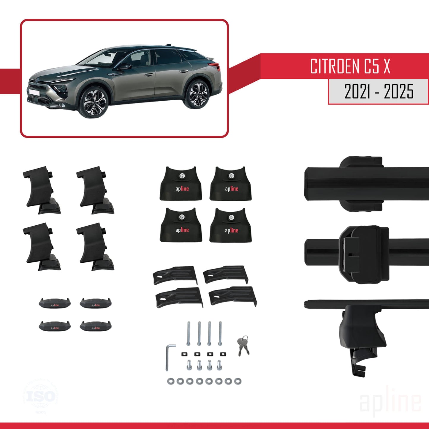 Kompatibel mit Citroen C5 X (E43) 2021-2025 ACE-4 Dachgepäckträger, Reling, Gepäckträger, schwarzes Aluminium, 2 Stangen