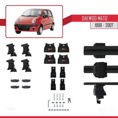 Kompatibel mit Daewoo Matiz 1998-2007 ACE-4 Dachgepäckträger, Reling, Gepäckträger, schwarzes Aluminium, 2 Stangen