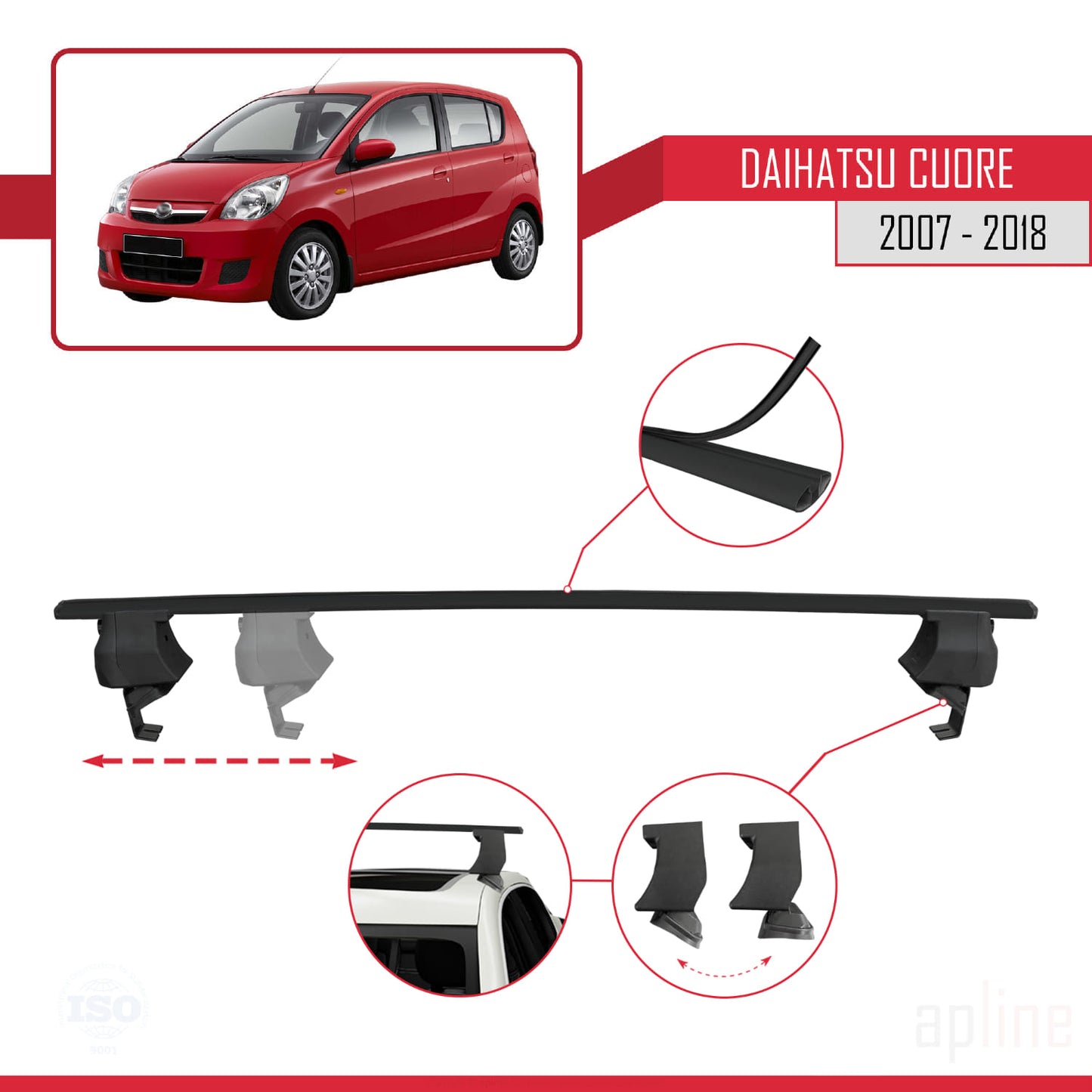 Kompatibel mit Daihatsu Cuore 2007-2018 ACE-4 Dachgepäckträger, Reling, Gepäckträger, schwarzes Aluminium, 2 Stangen