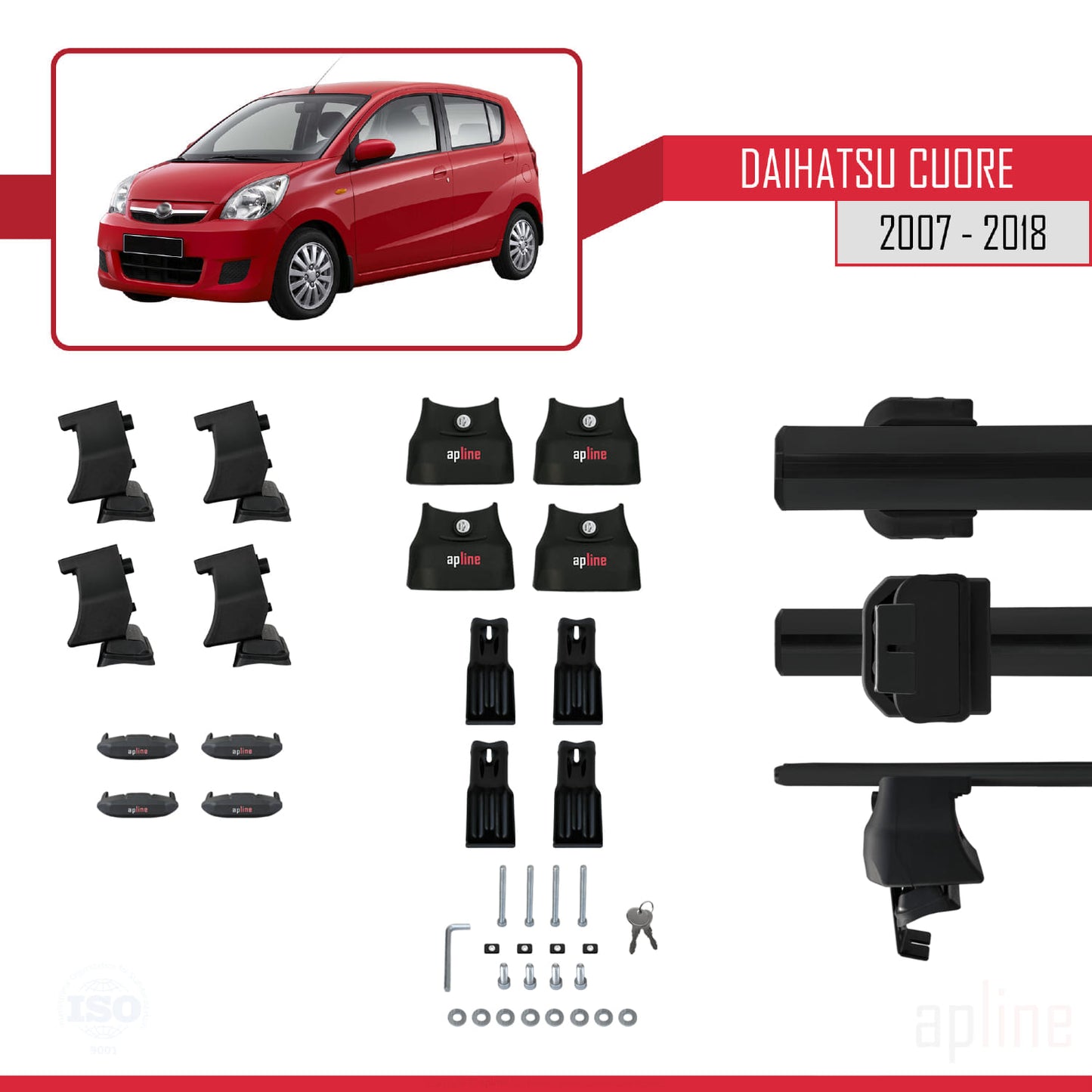 Kompatibel mit Daihatsu Cuore 2007-2018 ACE-4 Dachgepäckträger, Reling, Gepäckträger, schwarzes Aluminium, 2 Stangen