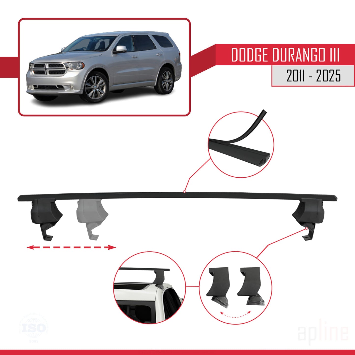Kompatibel mit Dodge Durango 3 2011-2025 ACE-4 Dachgepäckträger, Reling, Gepäckträger, schwarzes Aluminium, 2 Stangen