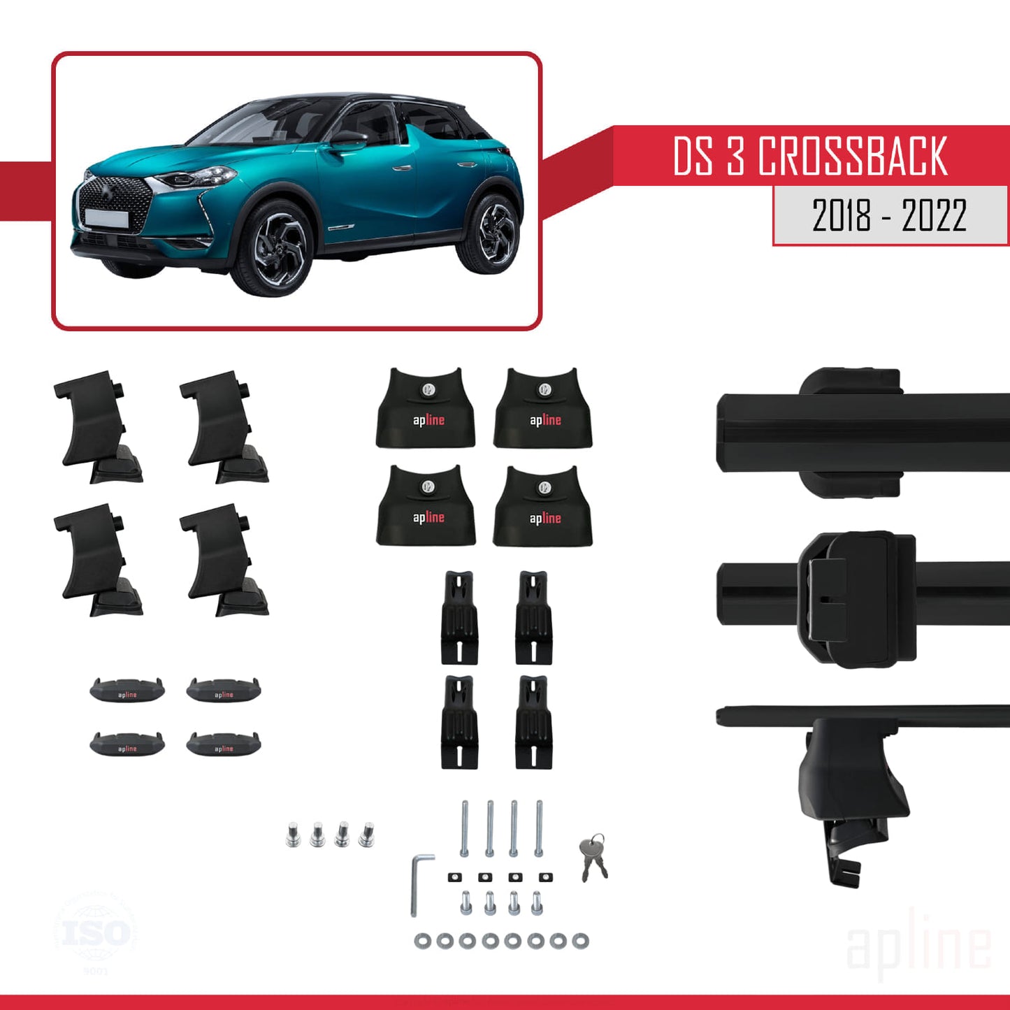Kompatibel mit DS 3 Crossback 2018-2022 ACE-4 Dachgepäckträger, Reling, Gepäckträger, schwarzes Aluminium, 2 Stangen