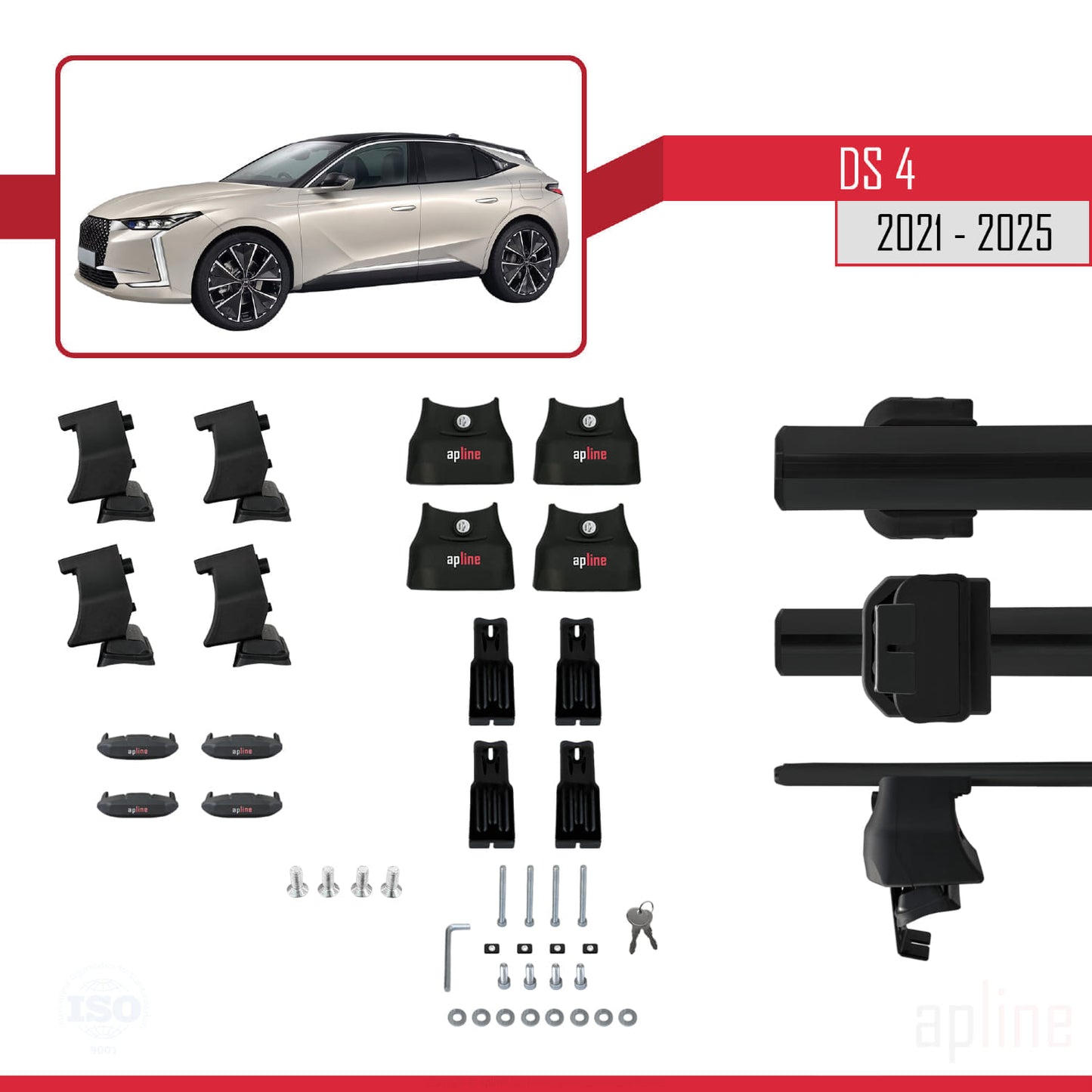 Kompatibel mit DS 4 II 2021-2025 ACE-4 Dachgepäckträger, Auto-Reling, Gepäckträger, schwarzes Aluminium, 2 Stangen