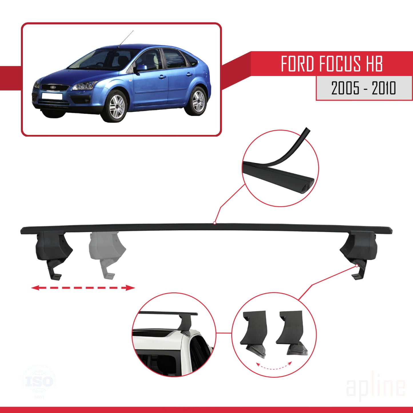 Compatibile con Ford Focus 2 (C307) HB 2005-2010 ACE-4 Barre portatutto per auto Portapacchi in alluminio nero 2 barre