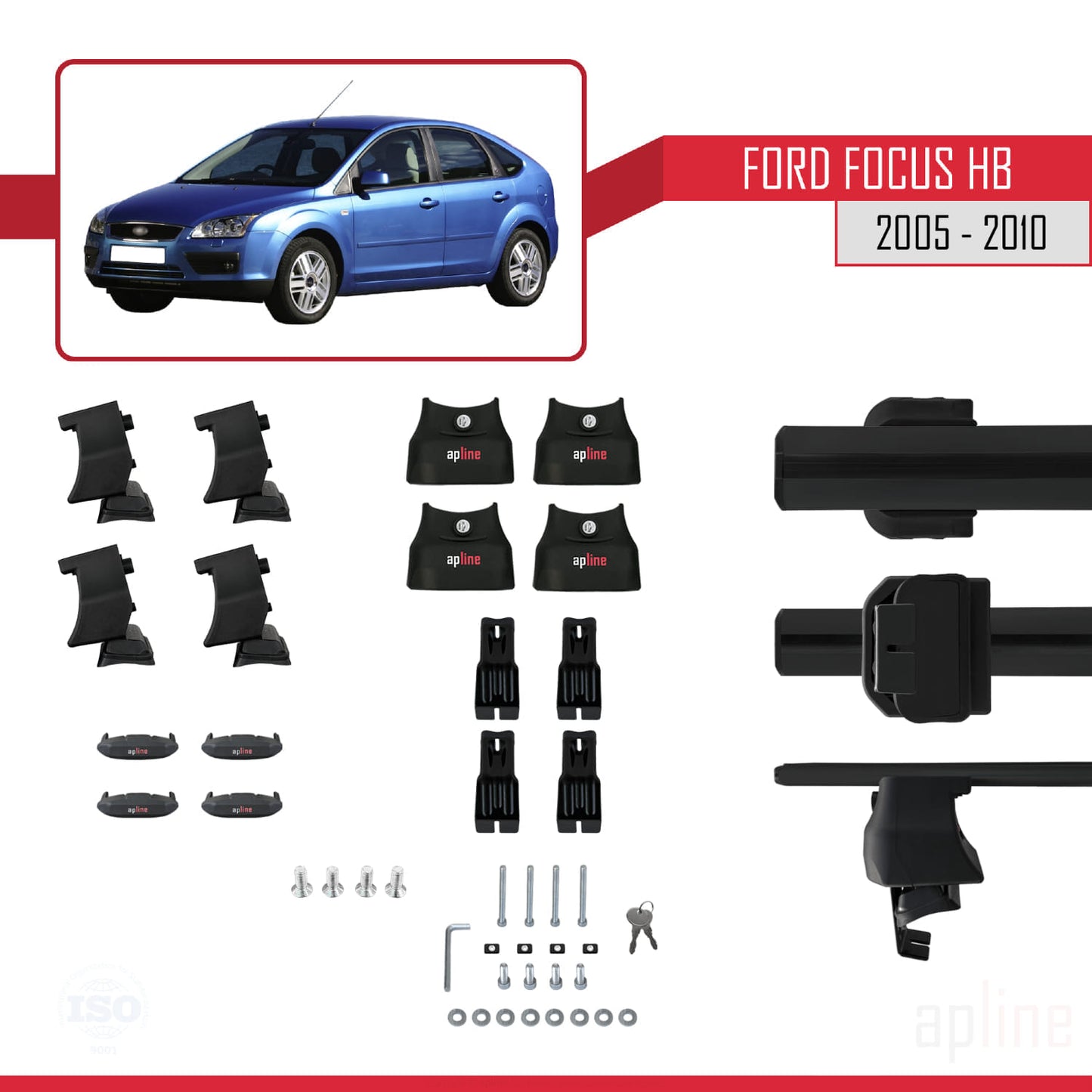 Compatibile con Ford Focus 2 (C307) HB 2005-2010 ACE-4 Barre portatutto per auto Portapacchi in alluminio nero 2 barre