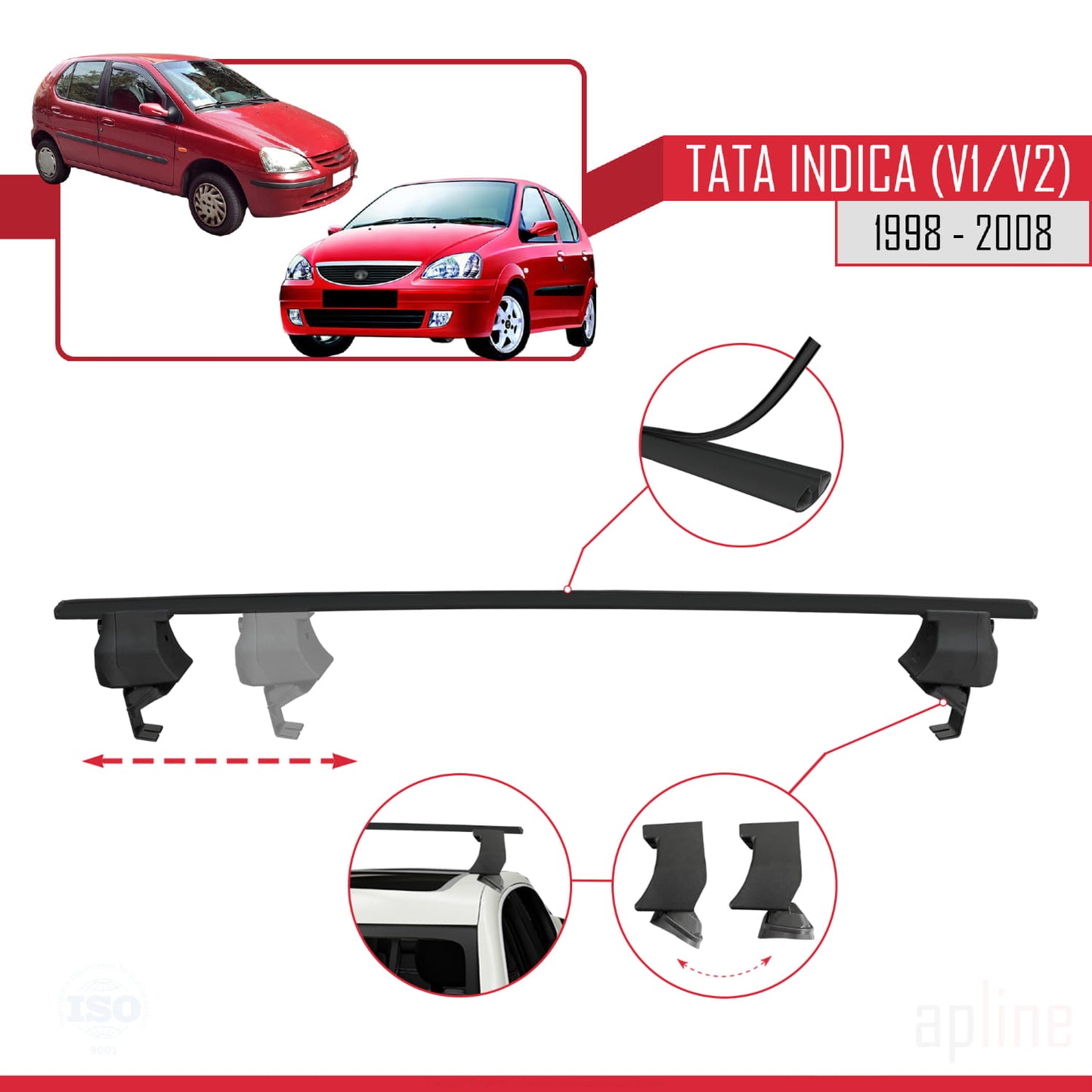 Compatible with Tata Indica (V1/V2) 1998-2008 ACE-4 Car Roof Rack Cross Bar Black Aluminium 2 Bars