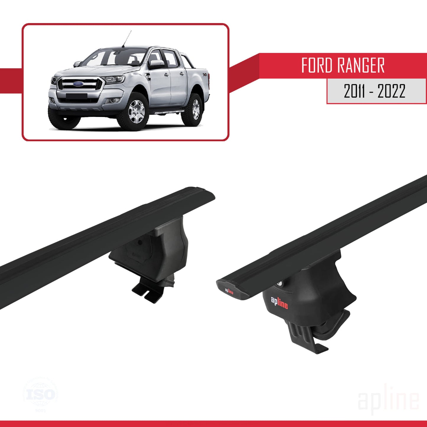 Compatible with Ford Ranger (P375) 2011-2022 ACE-4 Car Roof Rack Cross Bar Black Aluminium 2 Bars