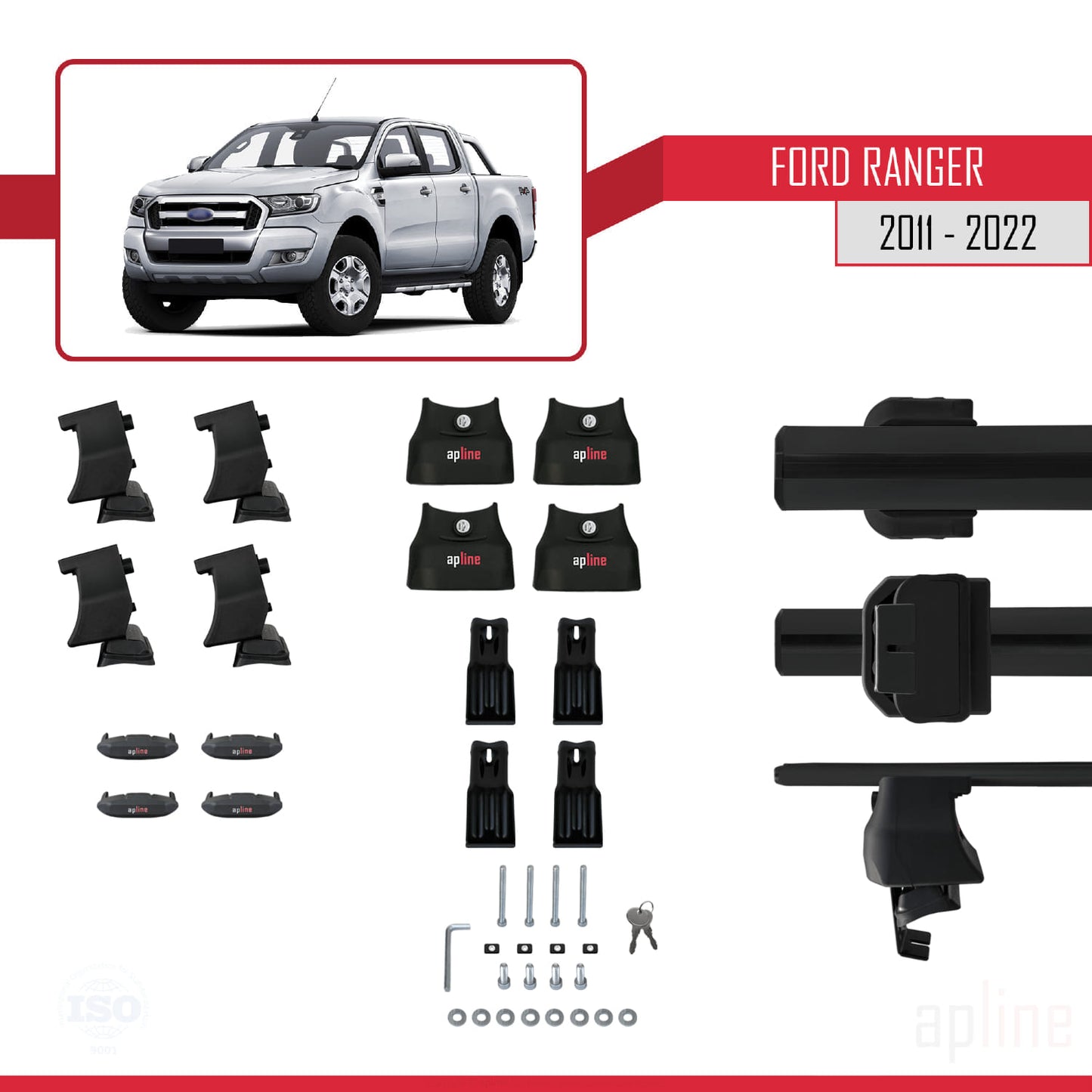 Compatible with Ford Ranger (P375) 2011-2022 ACE-4 Car Roof Rack Cross Bar Black Aluminium 2 Bars