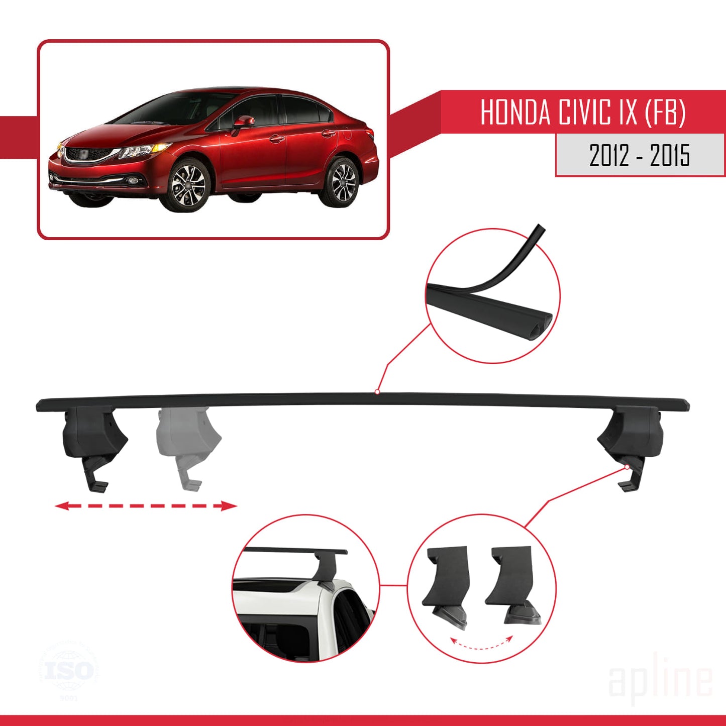 Compatibile con Honda Civic 9 (FB) Berlina 2012-2015 ACE-4 Barre Tetto Portapacchi Auto Barre Portatutto Nero Alluminio 2 Barre