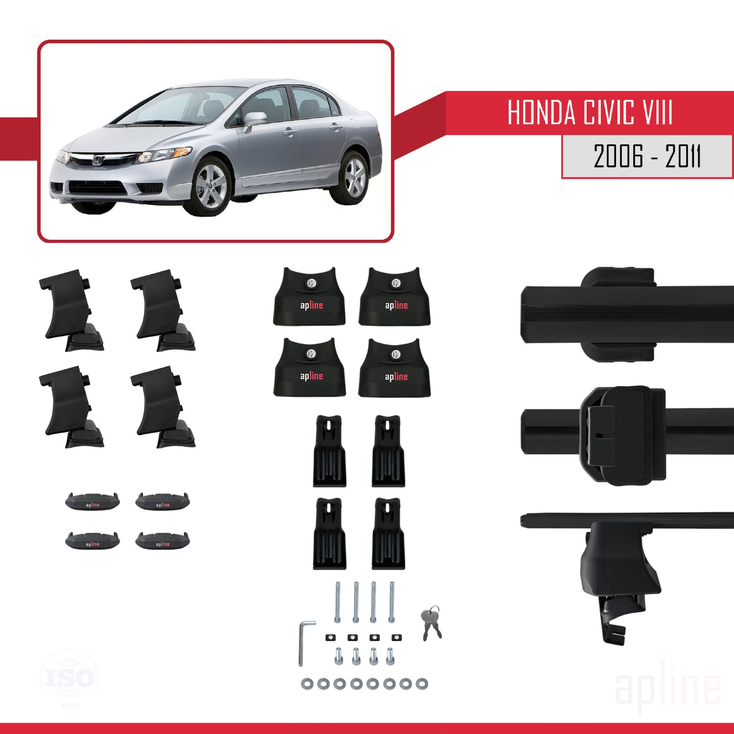 Compatibile con Honda Civic 8 V3 Berlina 2006-2011 ACE-4 Barre Tetto Portapacchi Auto Barre Portatutto Nero Alluminio 2 Barre