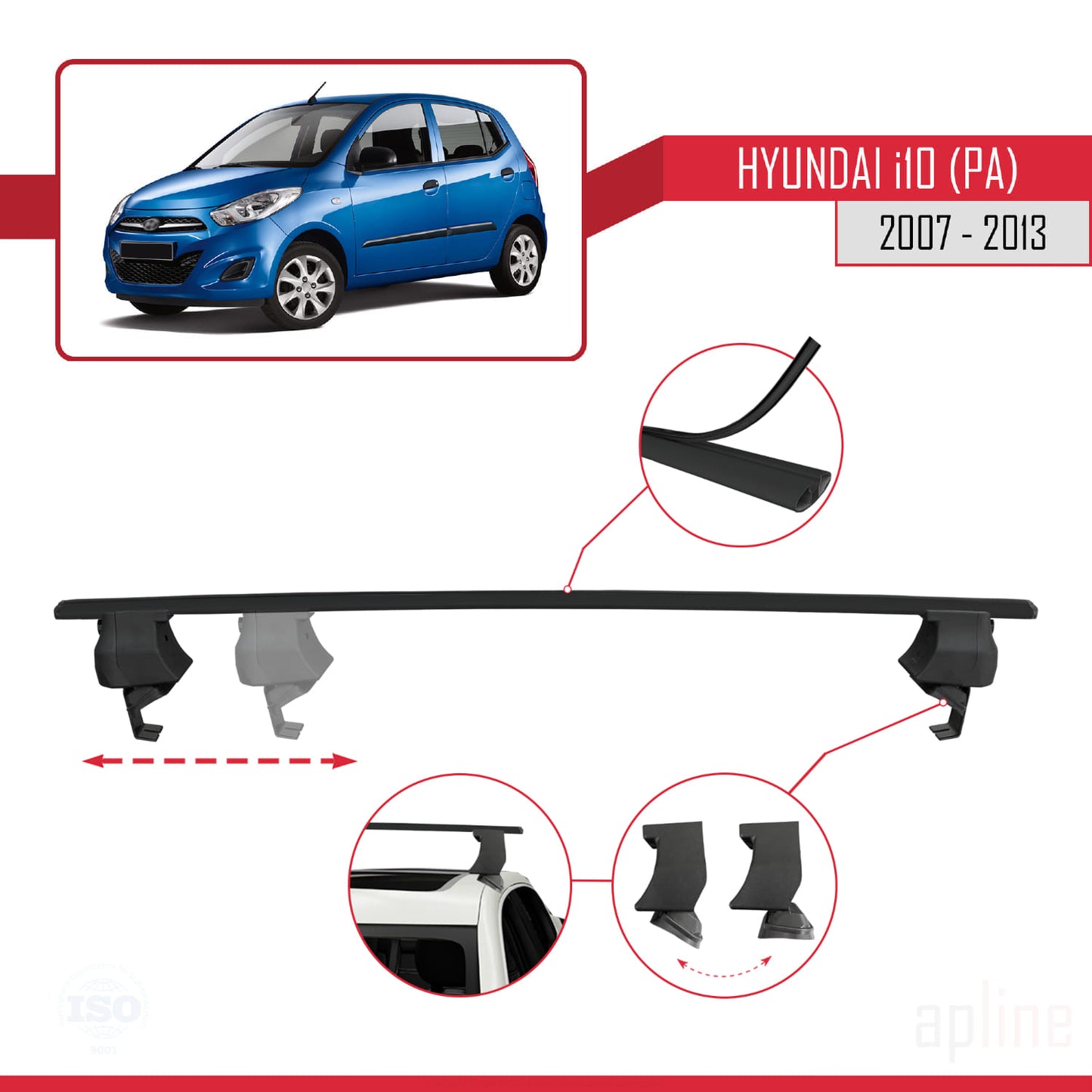 Compatible with Hyundai i10 (PA) 2007-2013 ACE-4 Car Roof Rack Cross Bar Black Aluminium 2 Bars