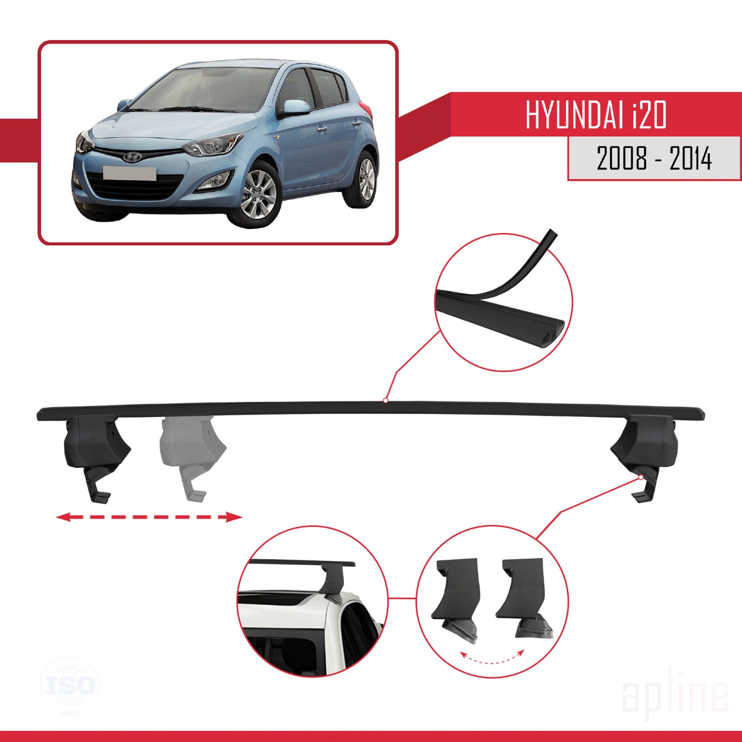 Compatibile con Hyundai i20 (PB) 2008-2014 ACE-4 Barre portatutto per auto, barre portatutto in alluminio nero, 2 barre