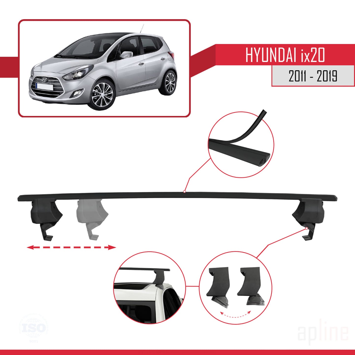 Compatibile con Hyundai ix20 (JC) 2011-2019 Barre portatutto ACE-4 per auto, barre portatutto in alluminio nero, 2 barre