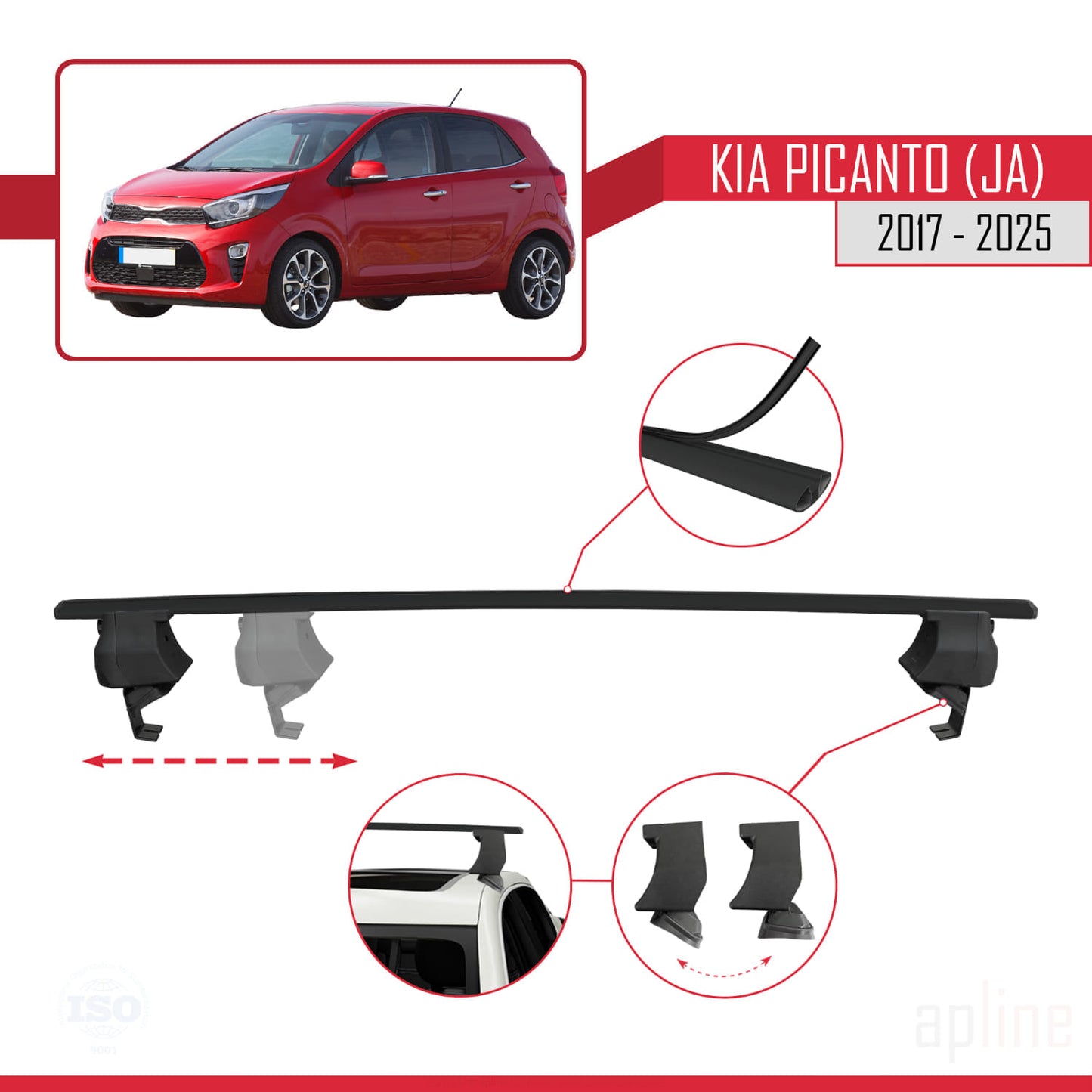 Compatible with Kia Picanto 3 (JA) 2017-2025 ACE-4 Car Roof Rack Cross Bar Black Aluminium 2 Bars