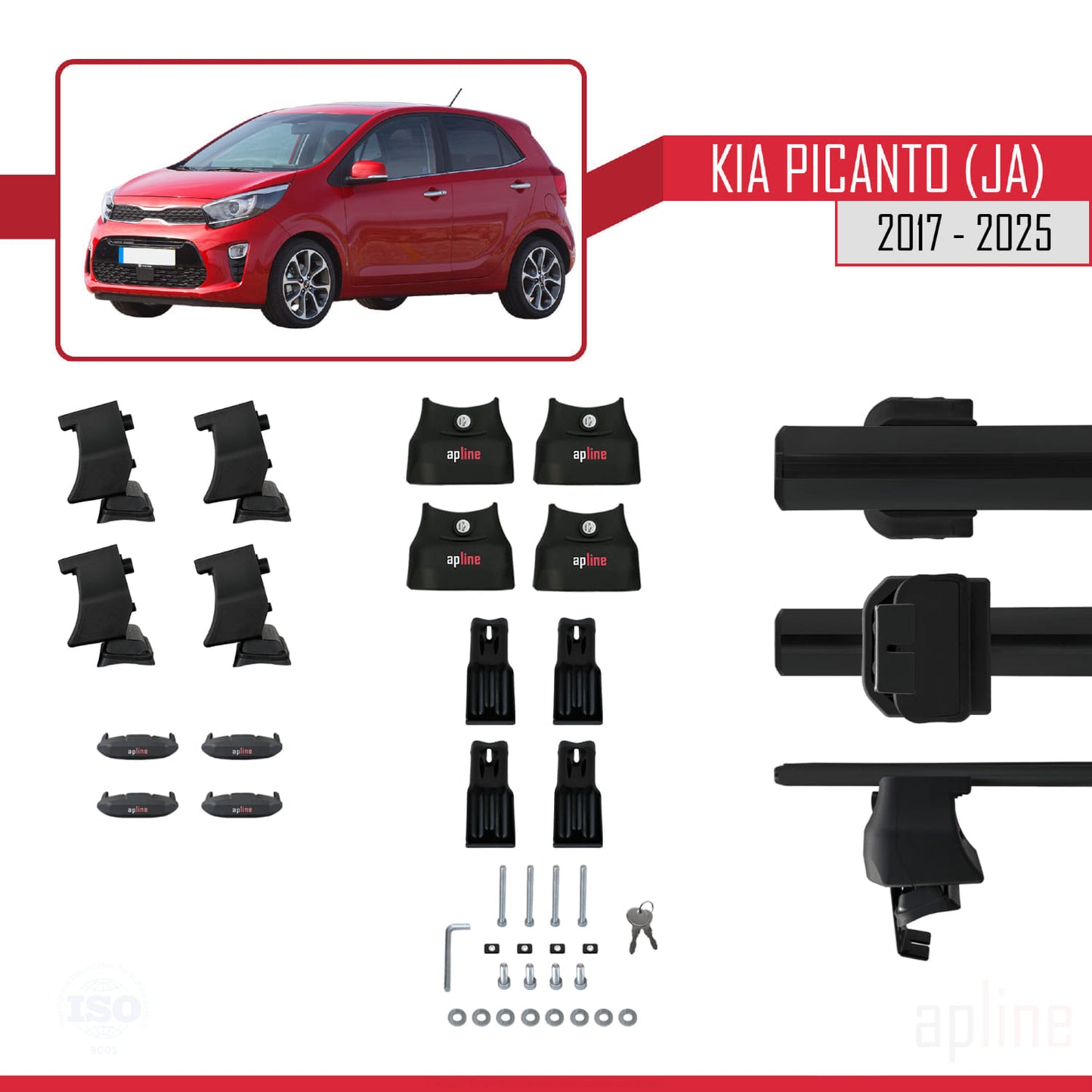 Compatible with Kia Picanto 3 (JA) 2017-2025 ACE-4 Car Roof Rack Cross Bar Black Aluminium 2 Bars