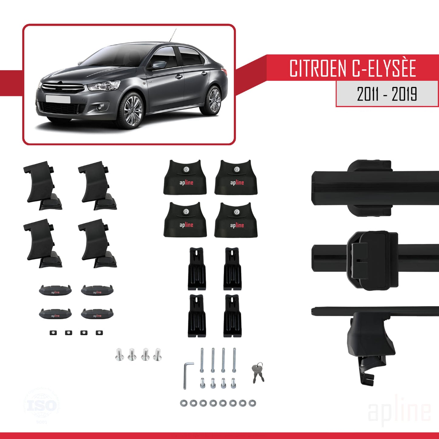Kompatibel mit Citroen C-Elysee 2011-2019 ACE-4 Dachgepäckträger, Reling, Gepäckträger, schwarzes Aluminium, 2 Stangen