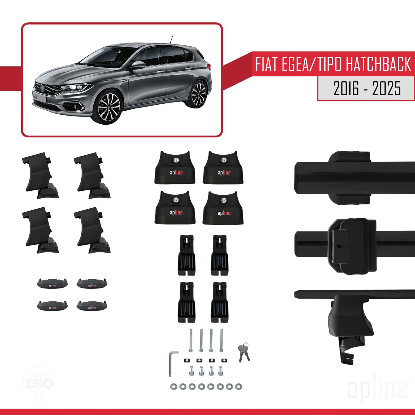 Kompatibel mit Fiat Egea HB 2016-2025 ACE-4 Dachgepäckträger, Reling, Gepäckträger, schwarzes Aluminium, 2 Stangen