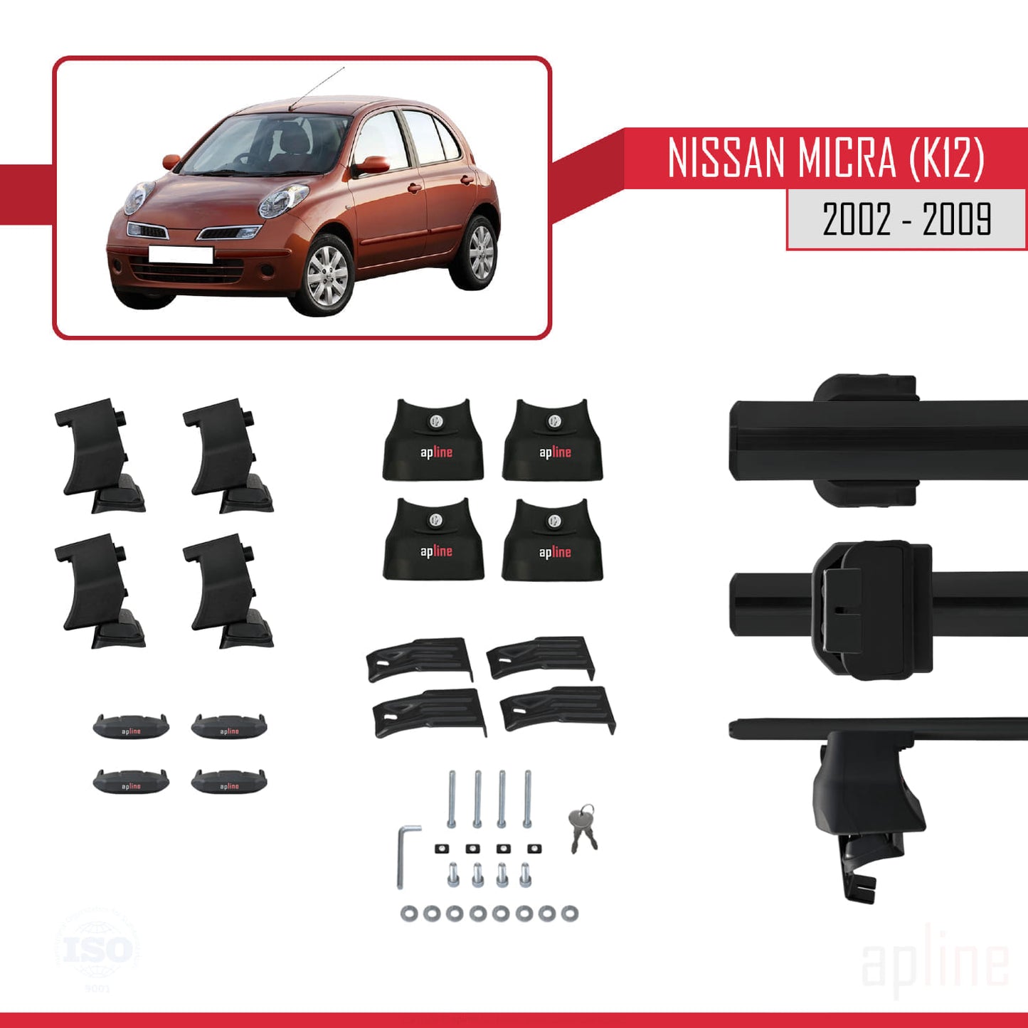 Compatible avec Nissan Micra 3 (K12) 2002-2009 ACE-4 Barres de Toit Railing Porte-Bagages de Voiture Noir Aluminium 2 Barres