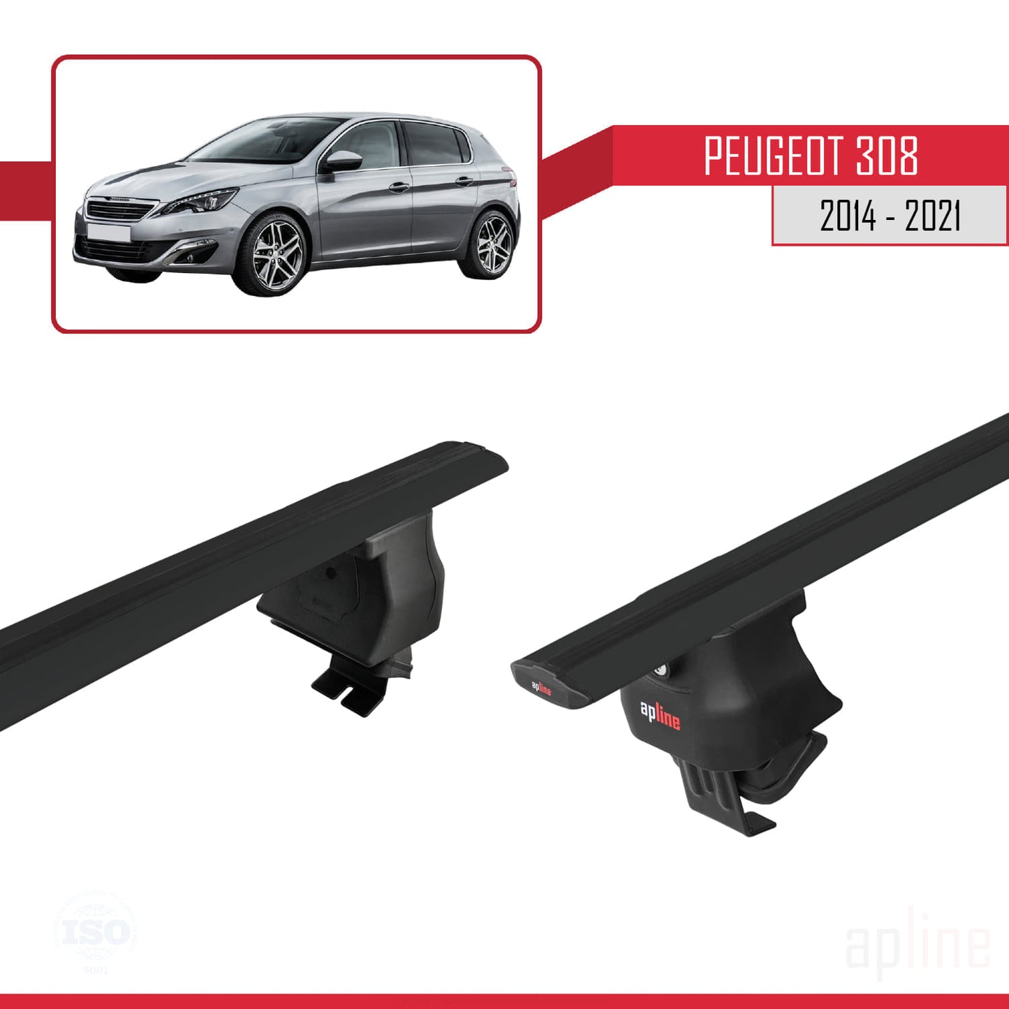 Compatible avec Peugeot 308 II (T9) 2014-2021 ACE-4 Barres de Toit Railing Porte-Bagages de Voiture Noir Aluminium 2 Barres
