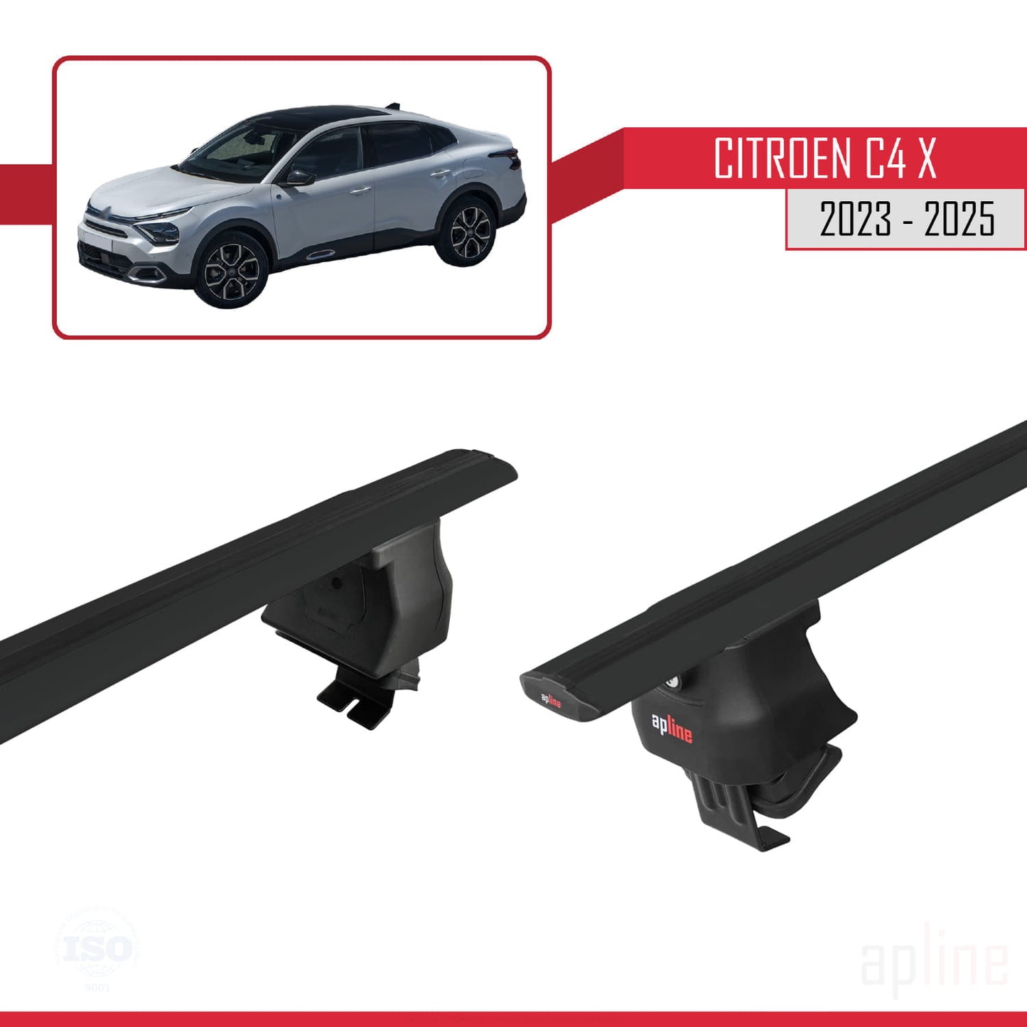 Kompatibel mit Citroen C4X 2023-2025 ACE-4 Dachgepäckträger, Reling, Gepäckträger, schwarzes Aluminium, 2 Stangen
