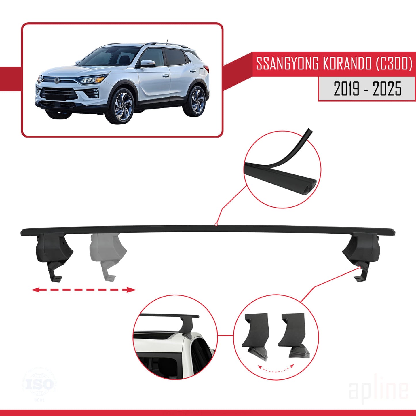 Compatible avec Ssangyong Korando 4 (C300) 2019-2025 ACE-4 Barres de Toit Railing Porte-Bagages de Voiture Noir Aluminium 2 Barres