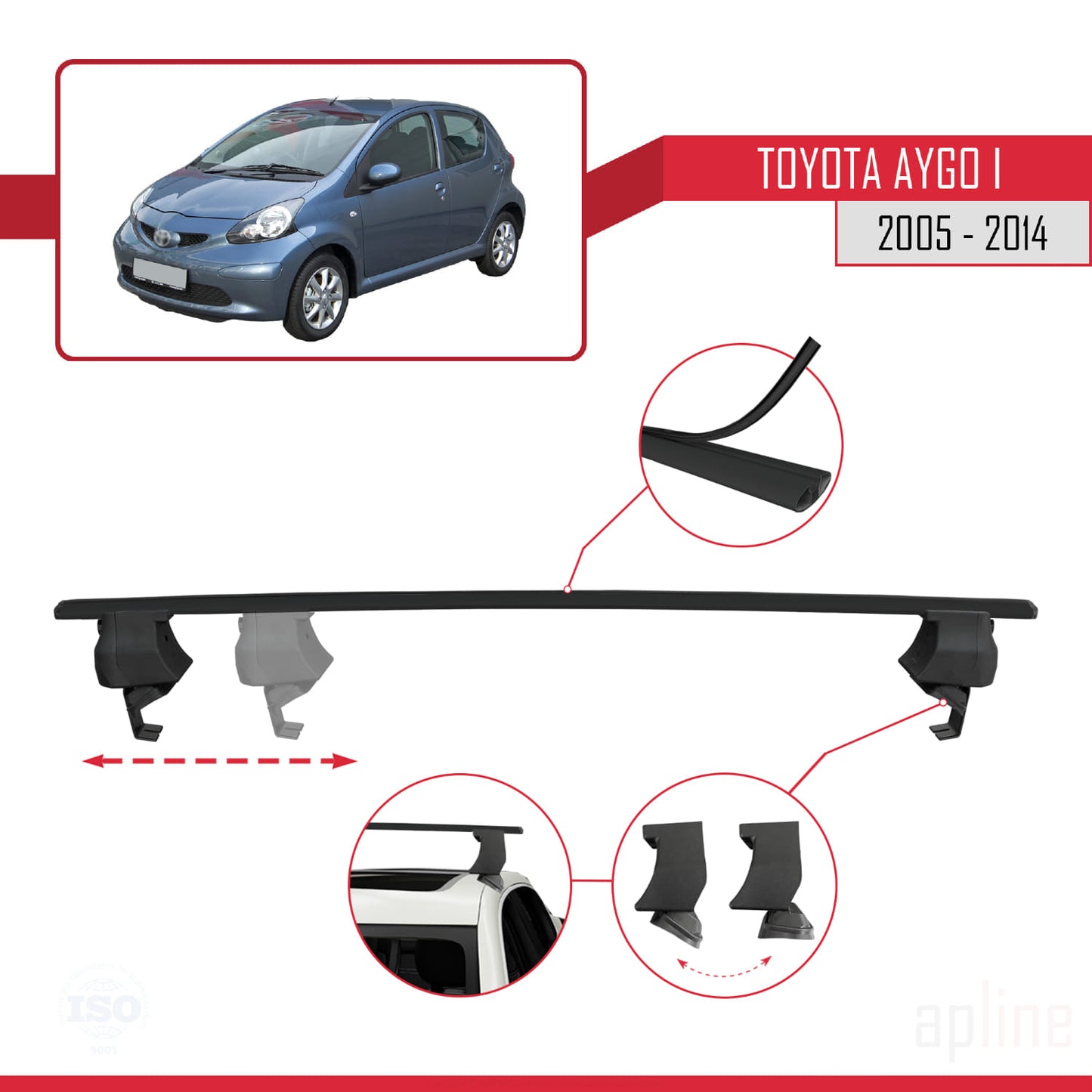 Compatible with Toyota Aygo 2005-2014 ACE-4 Car Roof Rack Cross Bar Black Aluminium 2 Bars