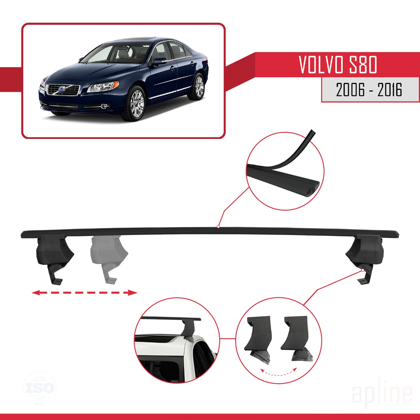 Compatible avec Volvo S80 II 2006-2016 ACE-4 Barres de Toit Railing Porte-Bagages de Voiture Noir Aluminium 2 Barres