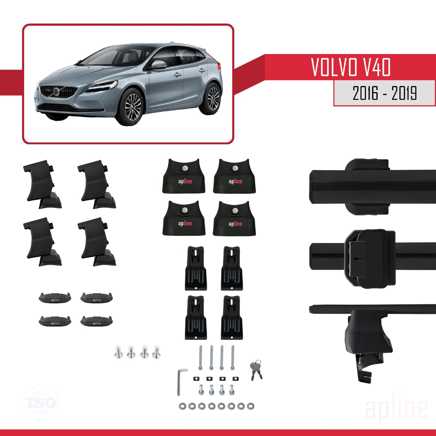 Compatible avec Volvo V40 Post-Facelift 2016-2019 ACE-4 Barres de Toit Railing Porte-Bagages de Voiture Noir Aluminium 2 Barres