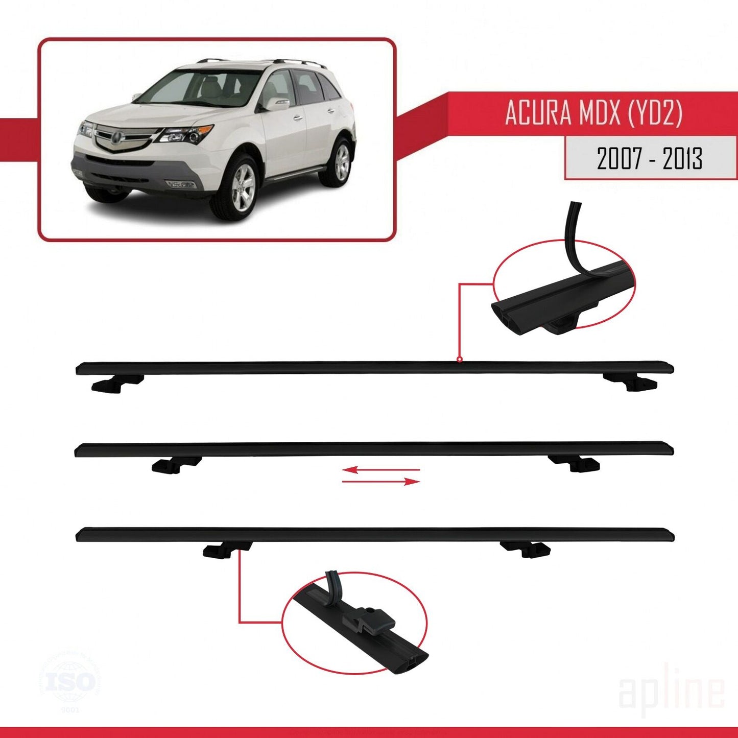 Compatible avec Acura MDX (YD2) 2007-2013 BASIC Model Barres de Toit Railing Porte-Bagages de Voiture Noir Aluminium 3 Barres
