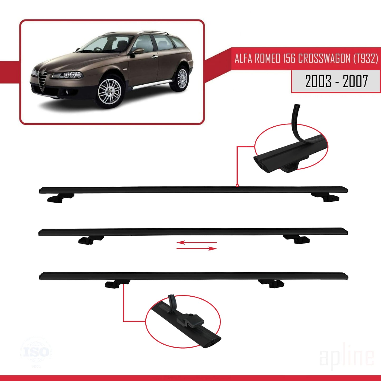 Compatible avec Alfa Romeo 156 (T932) Crosswagon 2003-2007 BASIC Model Barres de Toit Railing Porte-Bagages de Voiture Noir Aluminium 2 Barres