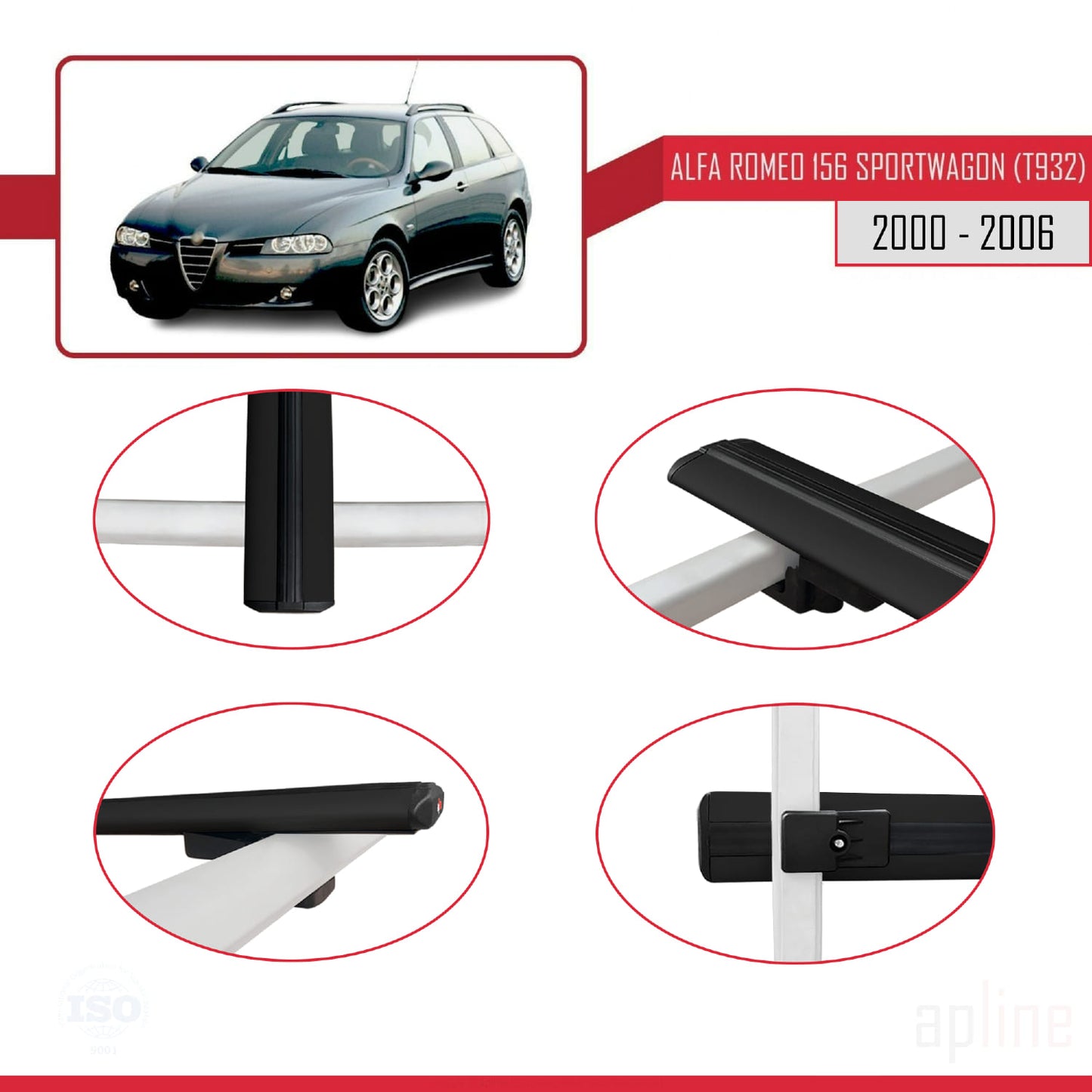 Compatible avec Alfa Romeo 156 (T932) Break 2000-2006 BASIC Model Barres de Toit Railing Porte-Bagages de Voiture Noir Aluminium 3 Barres