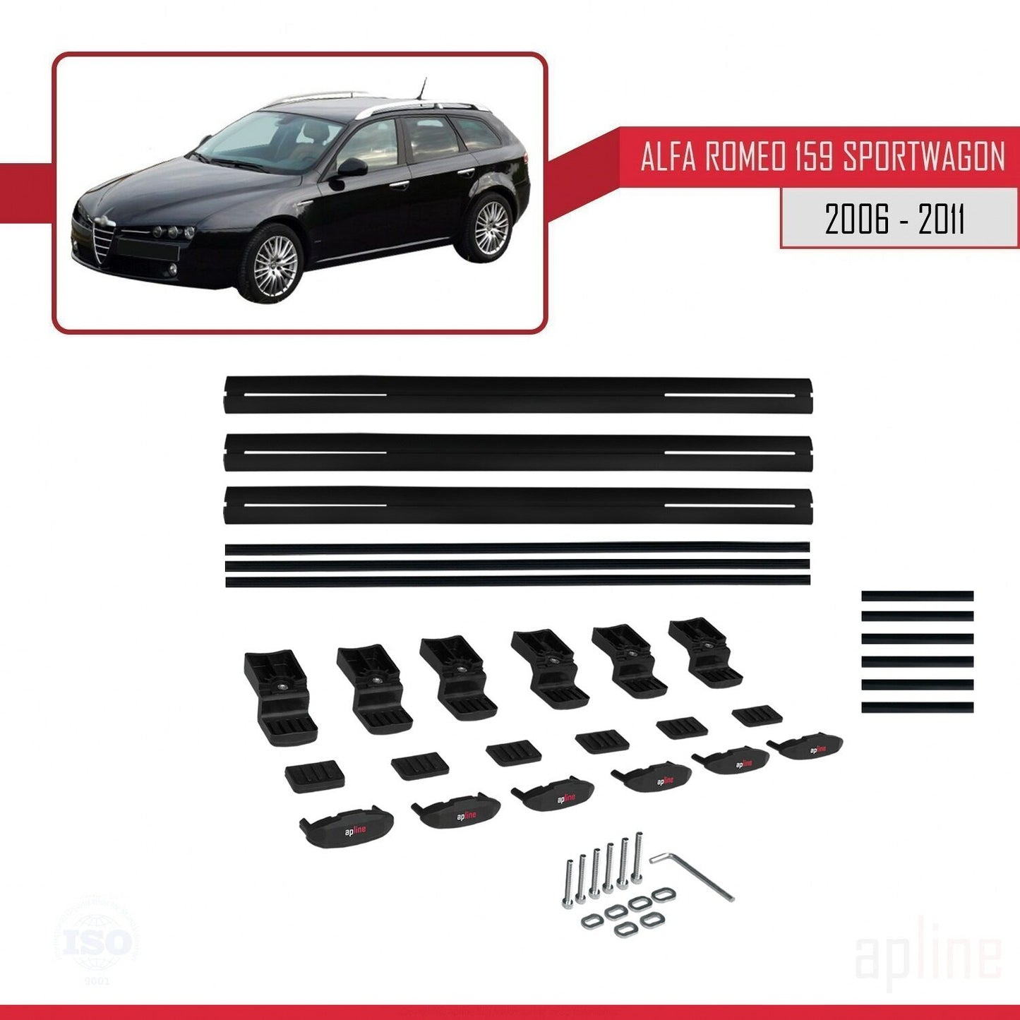 Compatible avec Alfa Romeo 159 (T939) Break 2006-2011 BASIC Model Barres de Toit Railing Porte-Bagages de Voiture Noir Aluminium 3 Barres