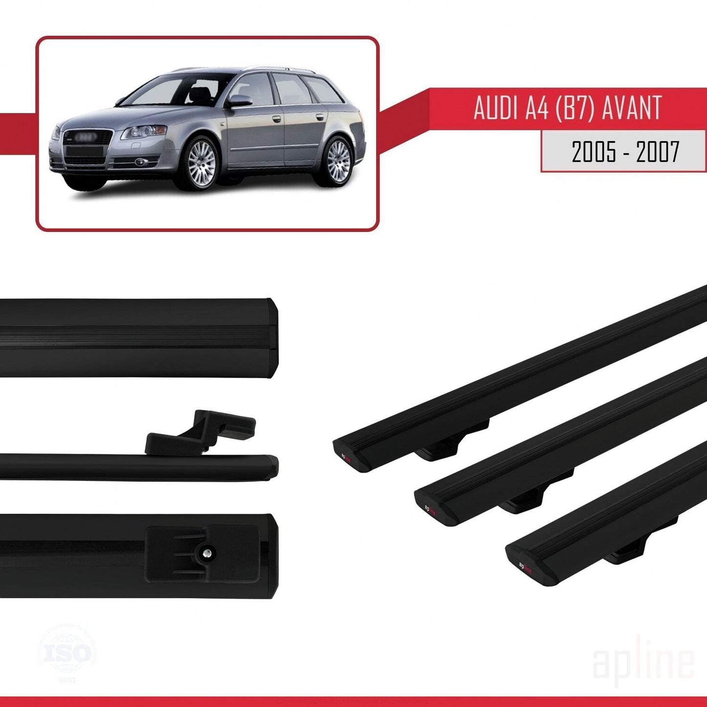 Compatibile con A4 (B7) Avant 2005-2007 modello BASIC Barre portatutto per auto Portapacchi in alluminio nero 3 barre
