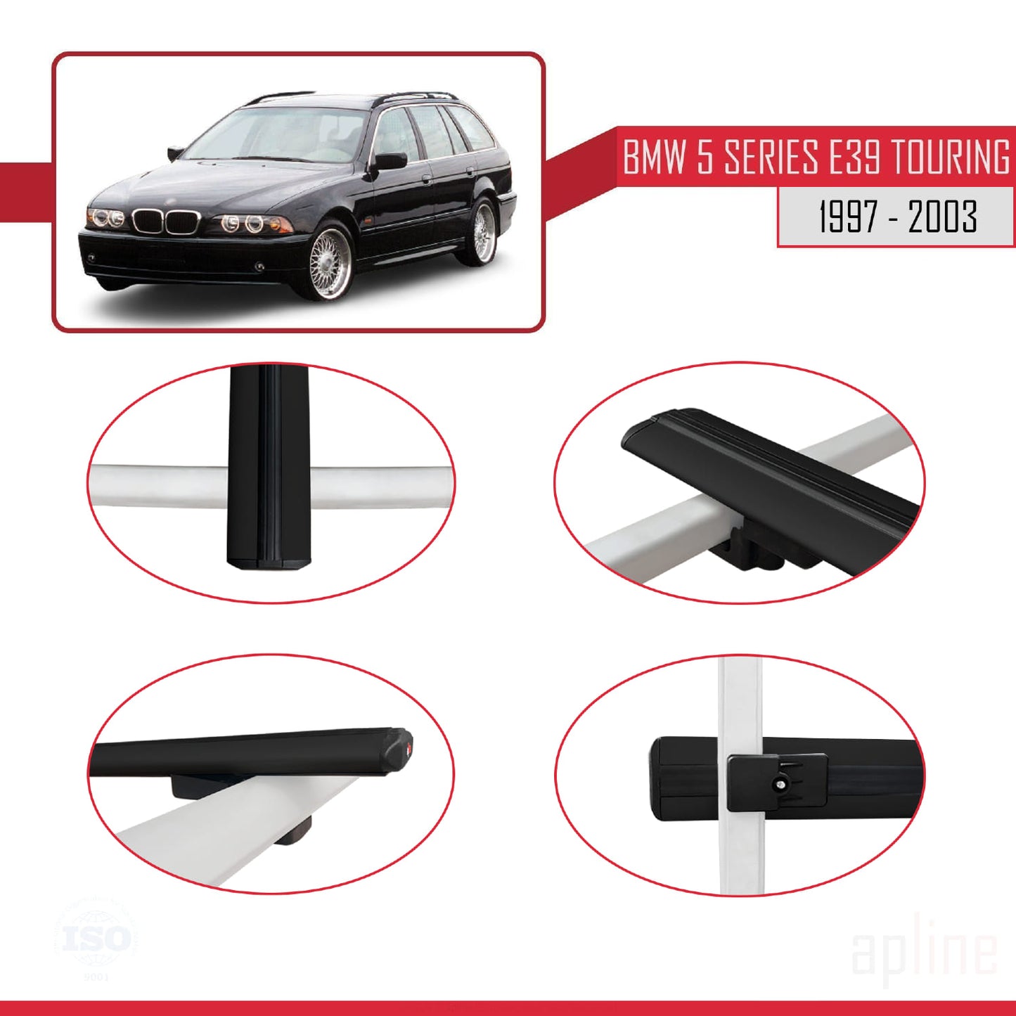 Compatible avec BMW Série 5 (E39) Touring 1997-2003 BASIC Model Barres de Toit Railing Porte-Bagages de Voiture Noir Aluminium 3 Barres