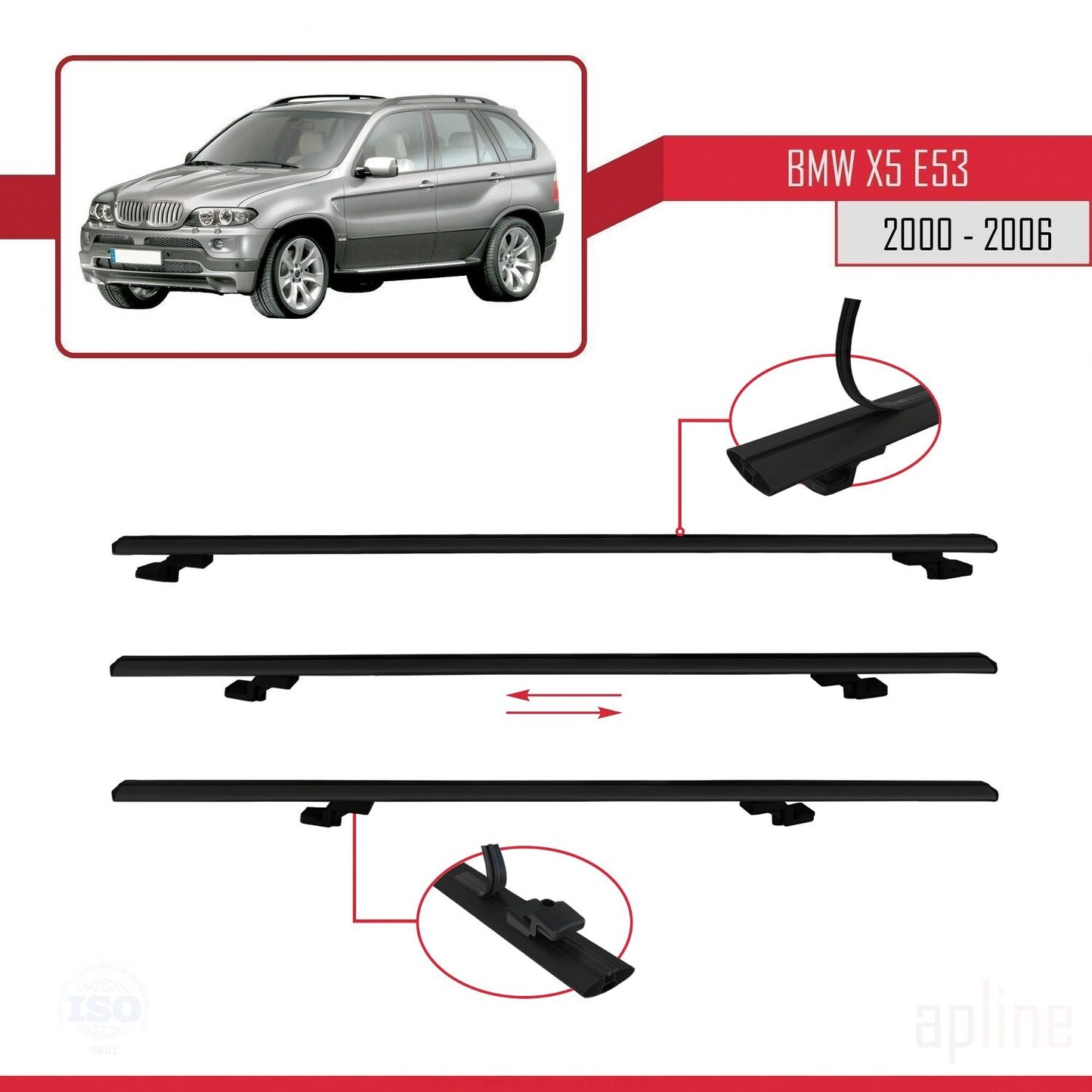 Compatibile con BMW X5 (E53) modello BASIC 2000-2006 Barre portatutto per auto Portapacchi in alluminio nero 3 barre