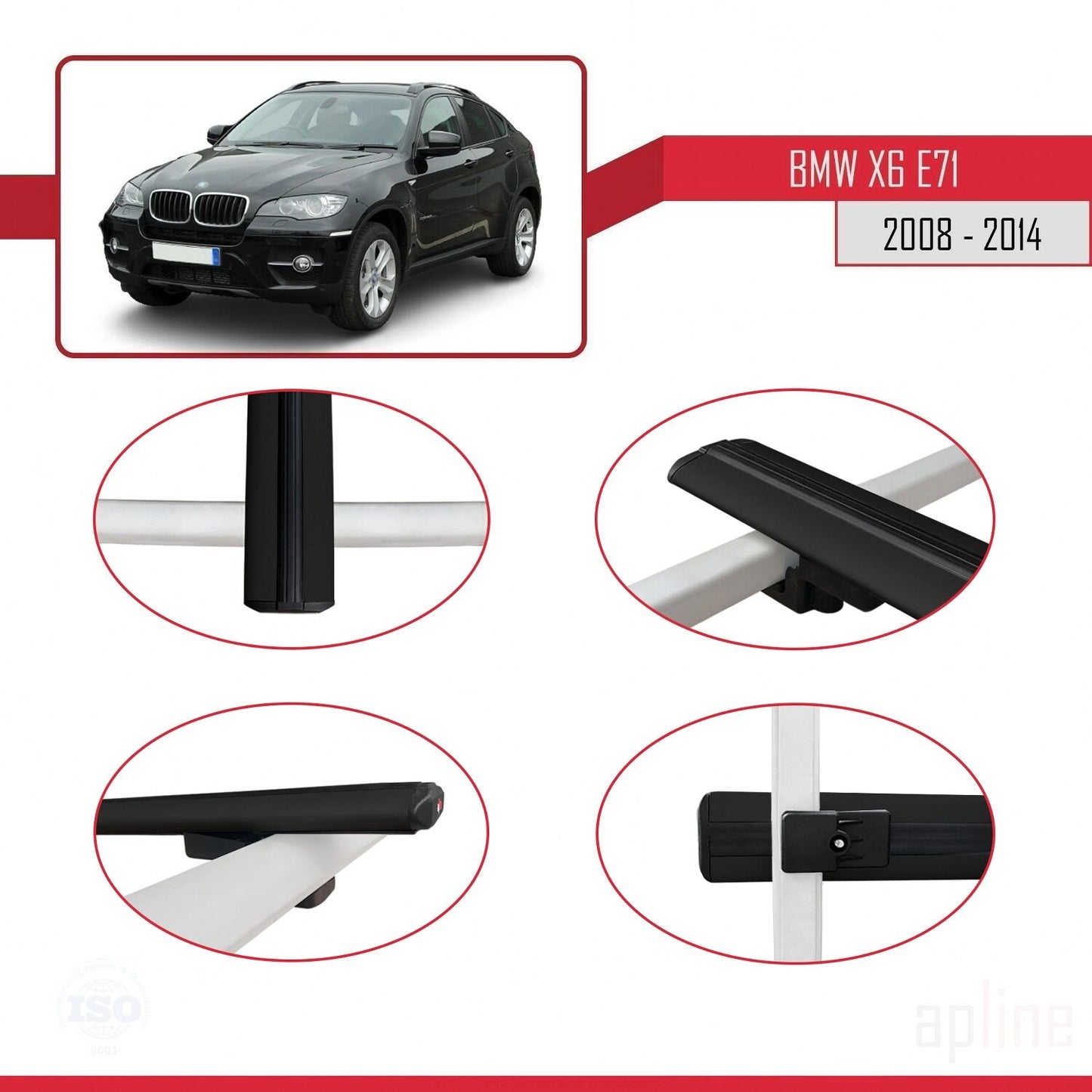 Compatibile con BMW X6 (E71) modello BASIC 2008-2014 Barre portatutto per auto Portapacchi in alluminio nero 2 barre