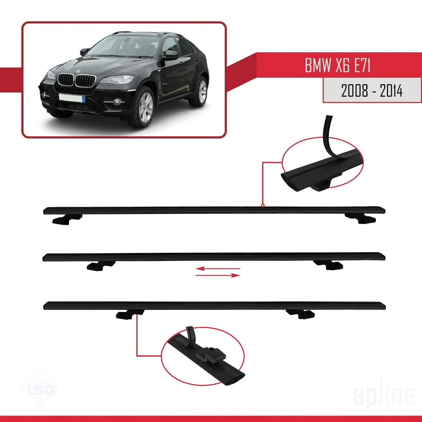 Compatibile con BMW X6 (E71) modello BASIC 2008-2014 Barre portatutto per auto Portapacchi in alluminio nero 2 barre